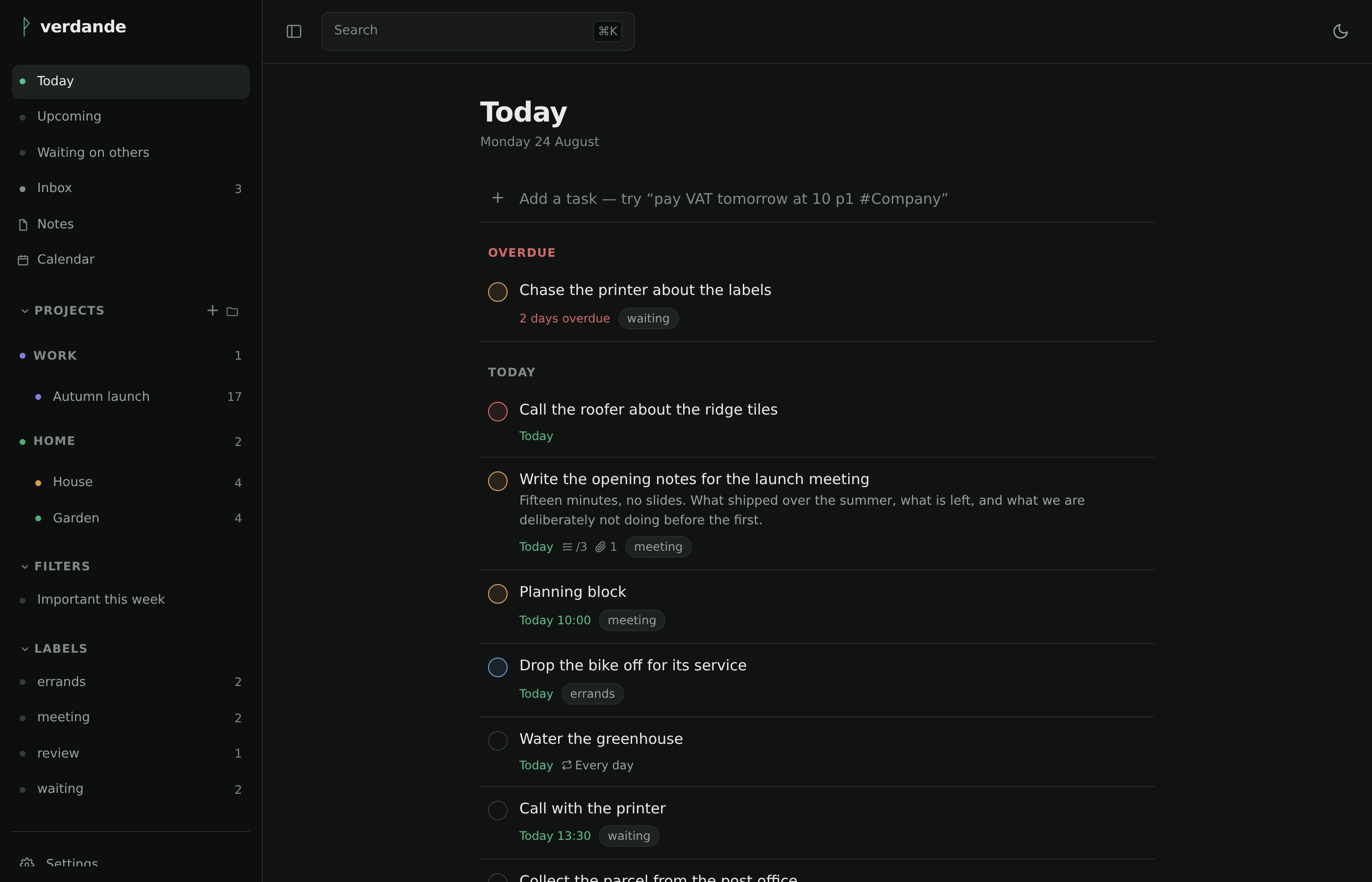 The Today view: projects, filters and labels in the sidebar, beside the tasks due today.