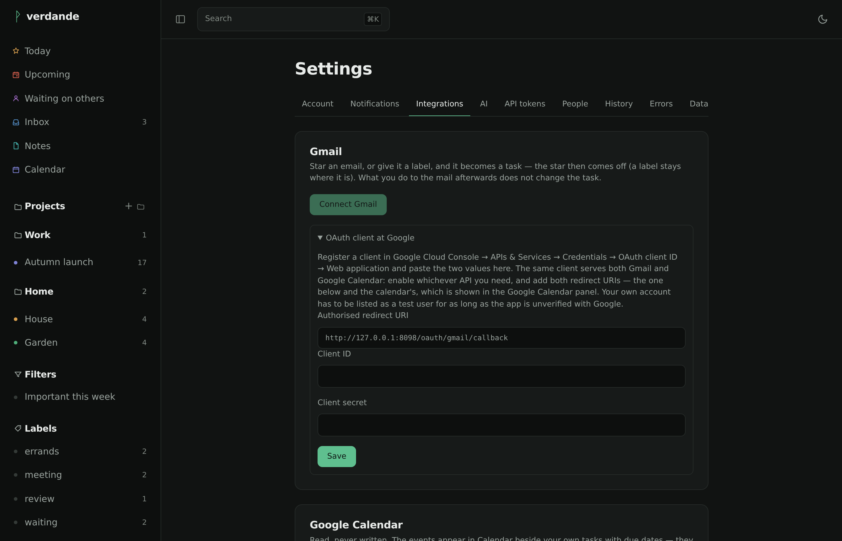 Settings, integrations