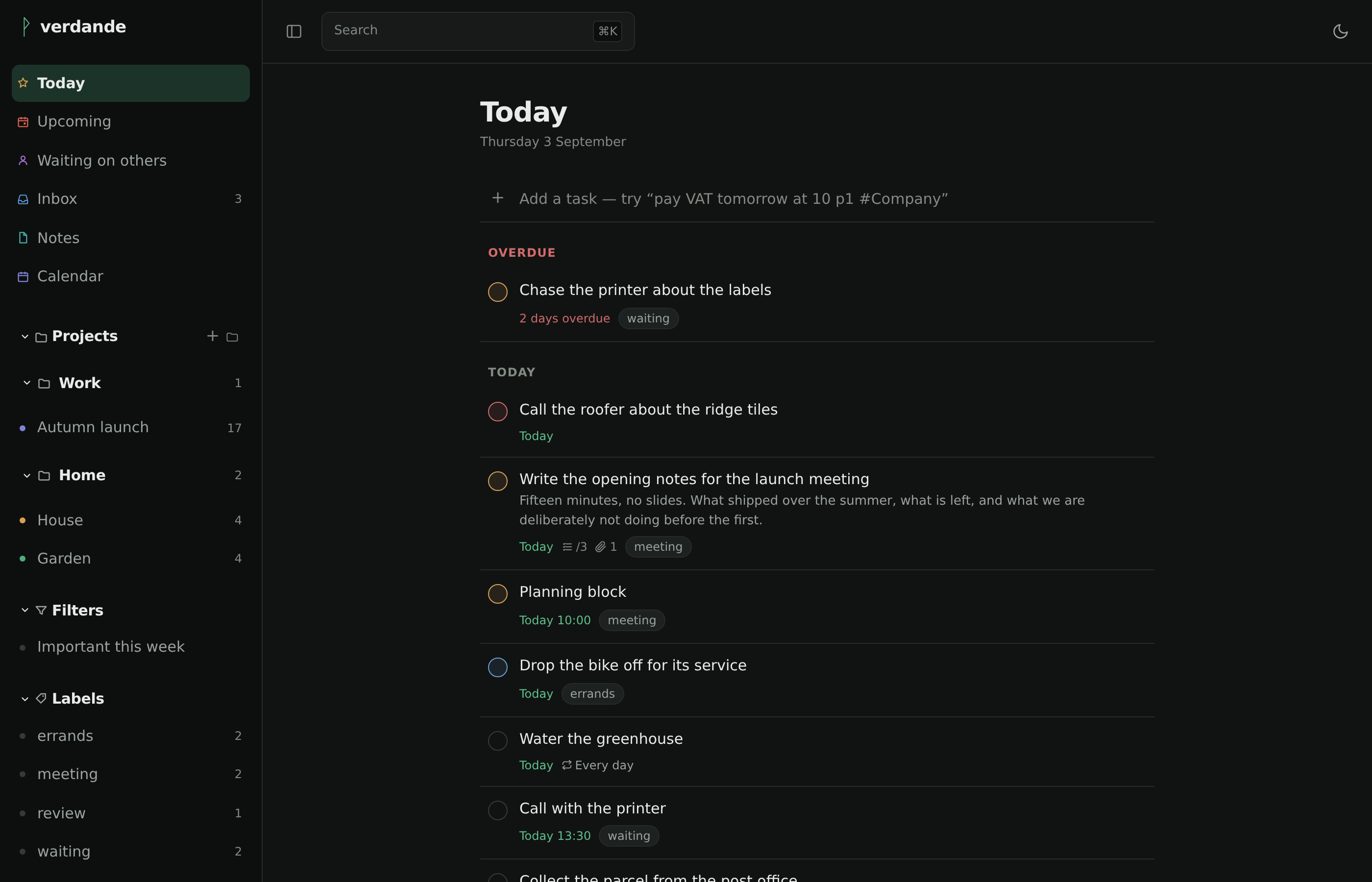 The Today view: projects, filters and labels in the sidebar, beside the tasks due today.