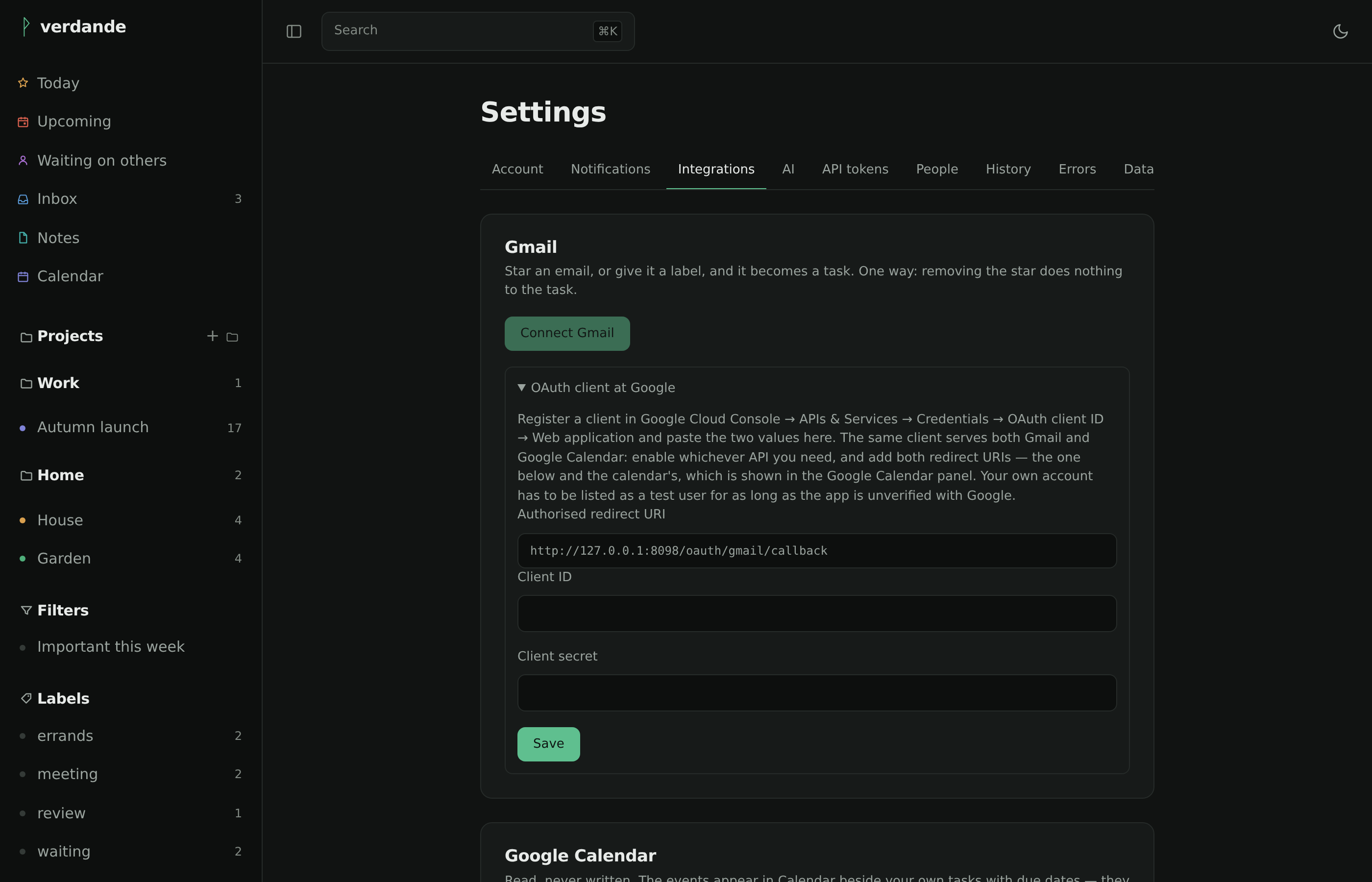 Settings, integrations