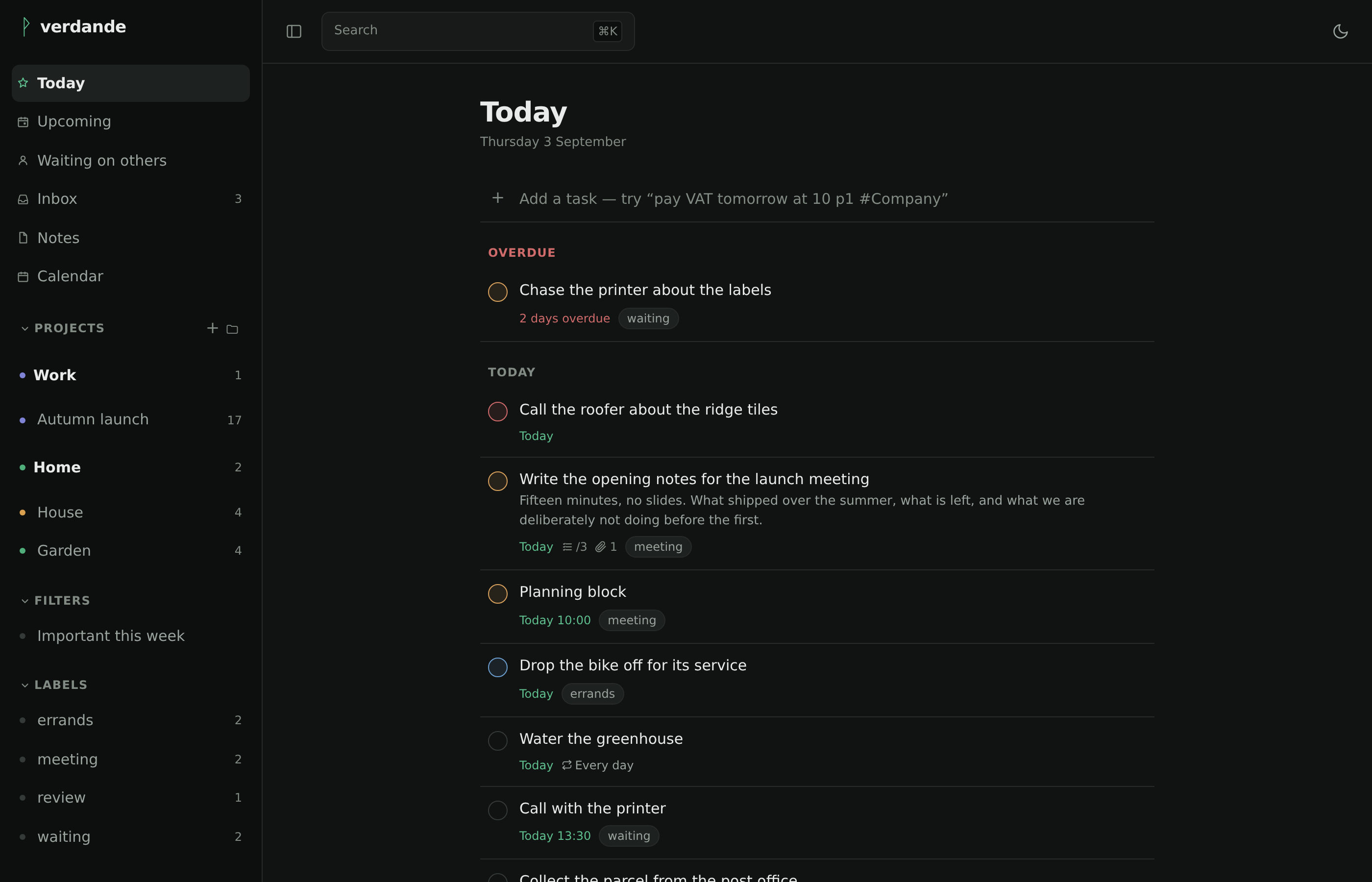 The Today view: projects, filters and labels in the sidebar, beside the tasks due today.