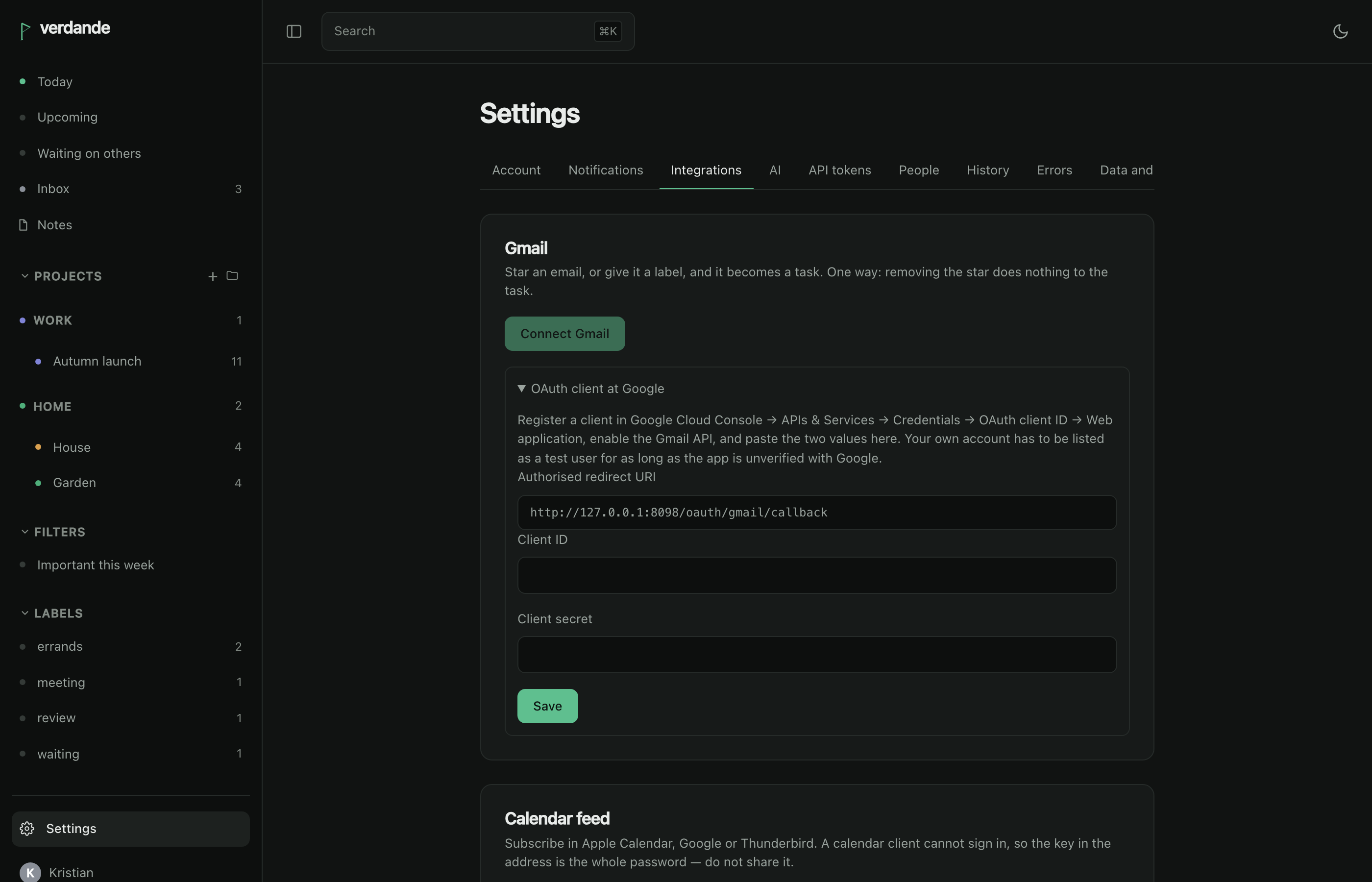 Settings, integrations