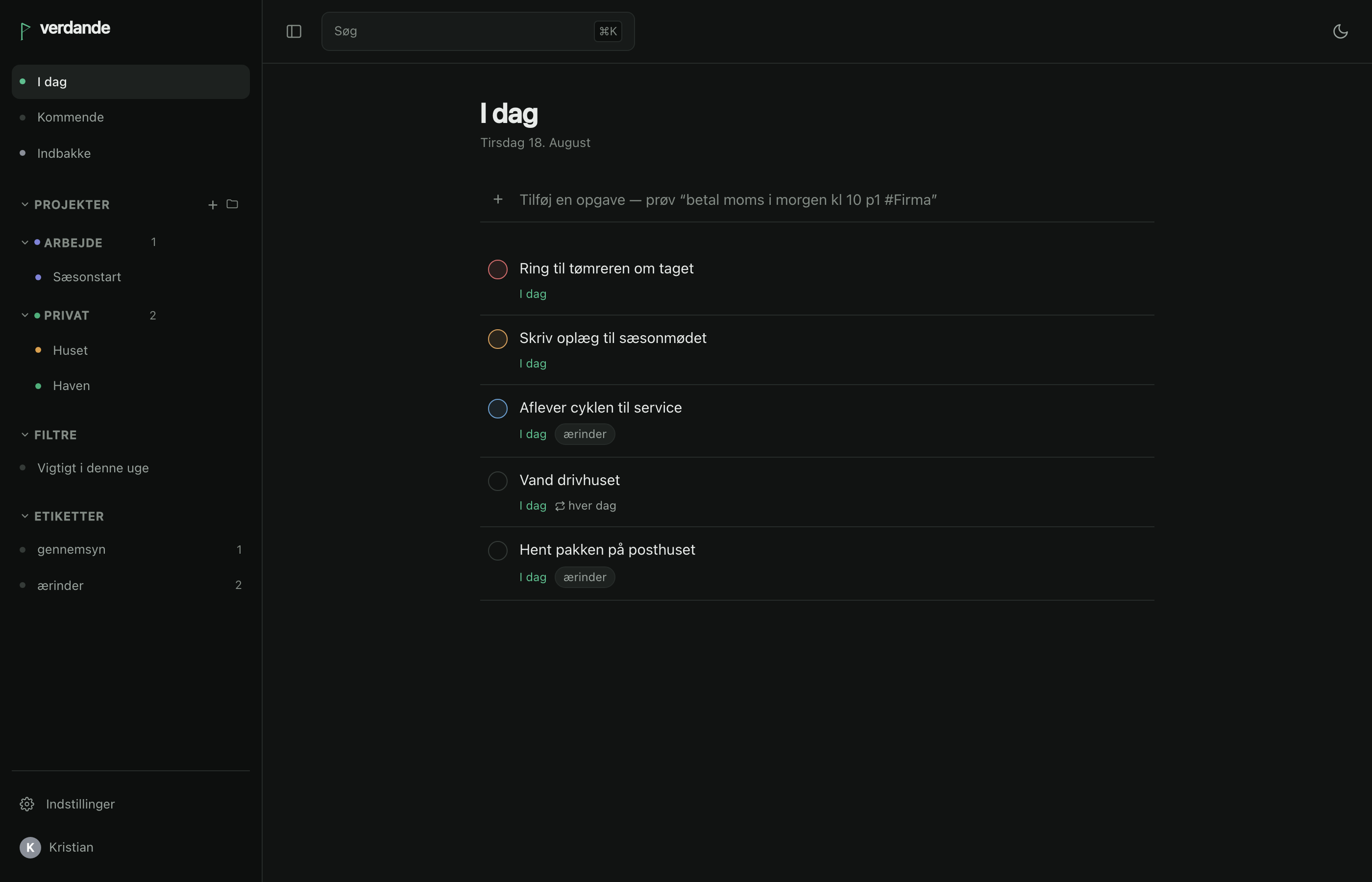 The Today view: projects, filters and labels in the sidebar, beside the tasks due today.