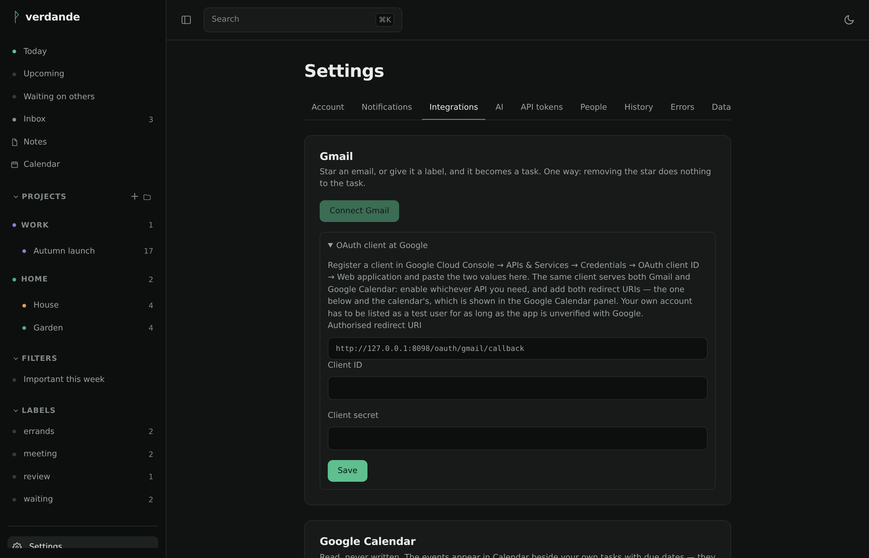 Settings, integrations