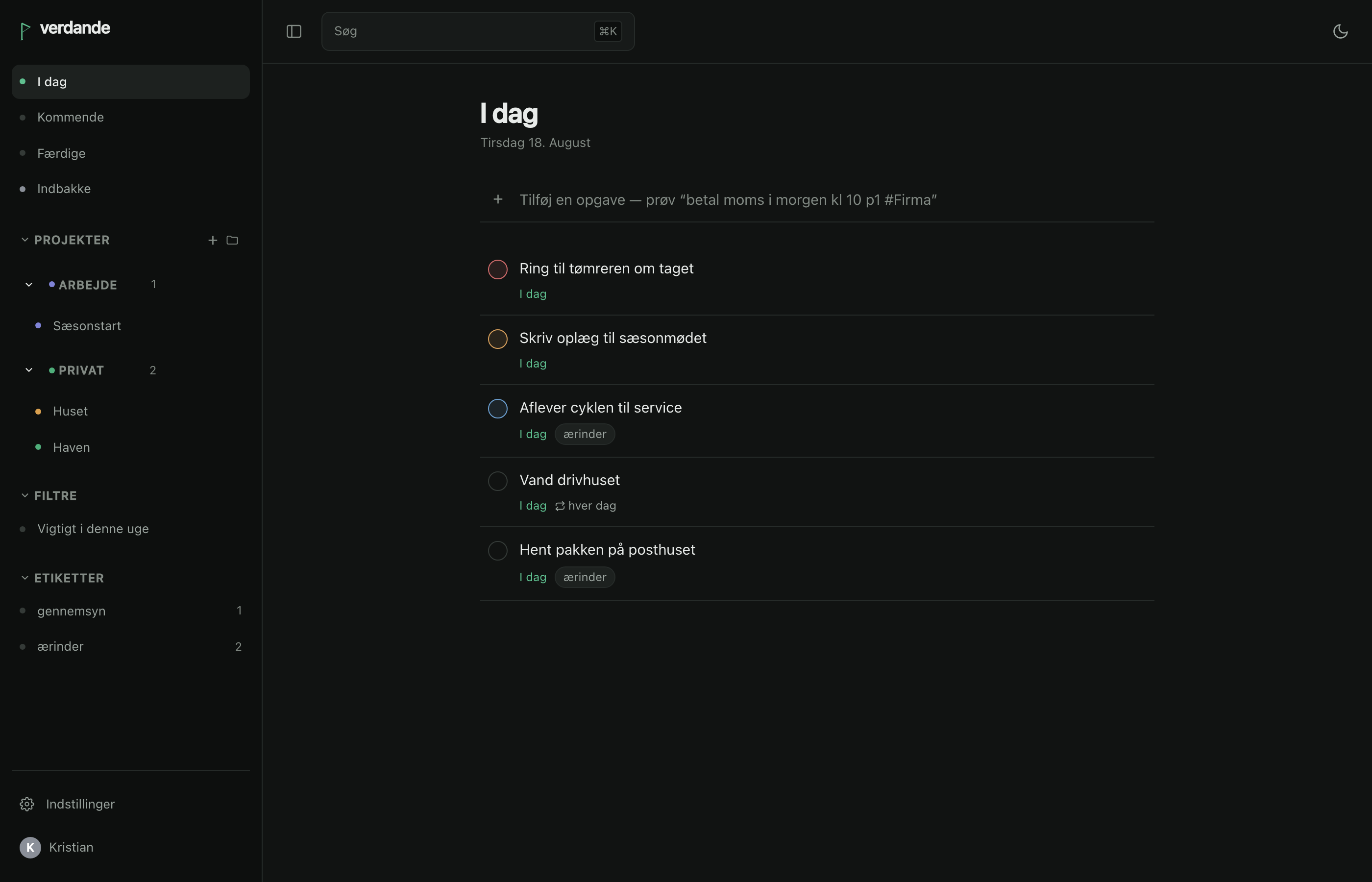 The Today view: projects, filters and labels in the sidebar, beside the tasks due today.