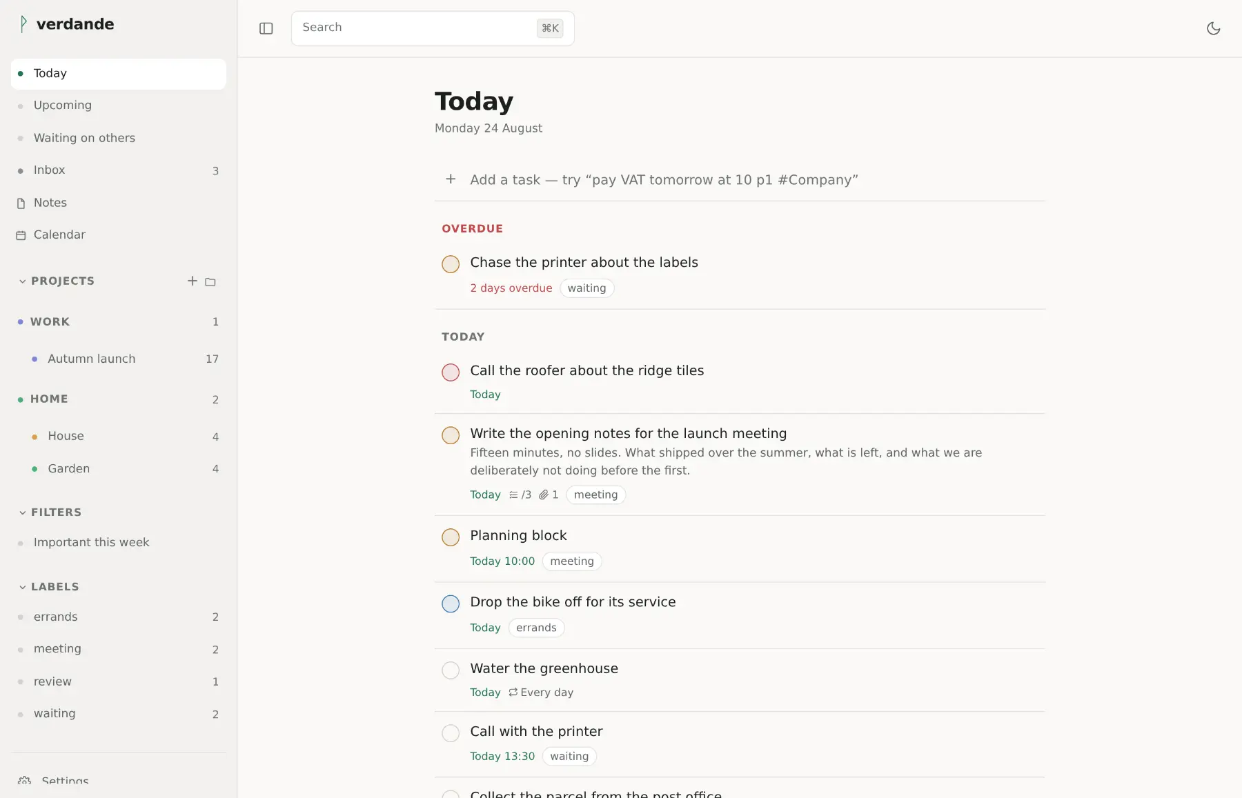 The Today view in the light theme: a sidebar of projects, filters and labels beside a list of tasks due today.