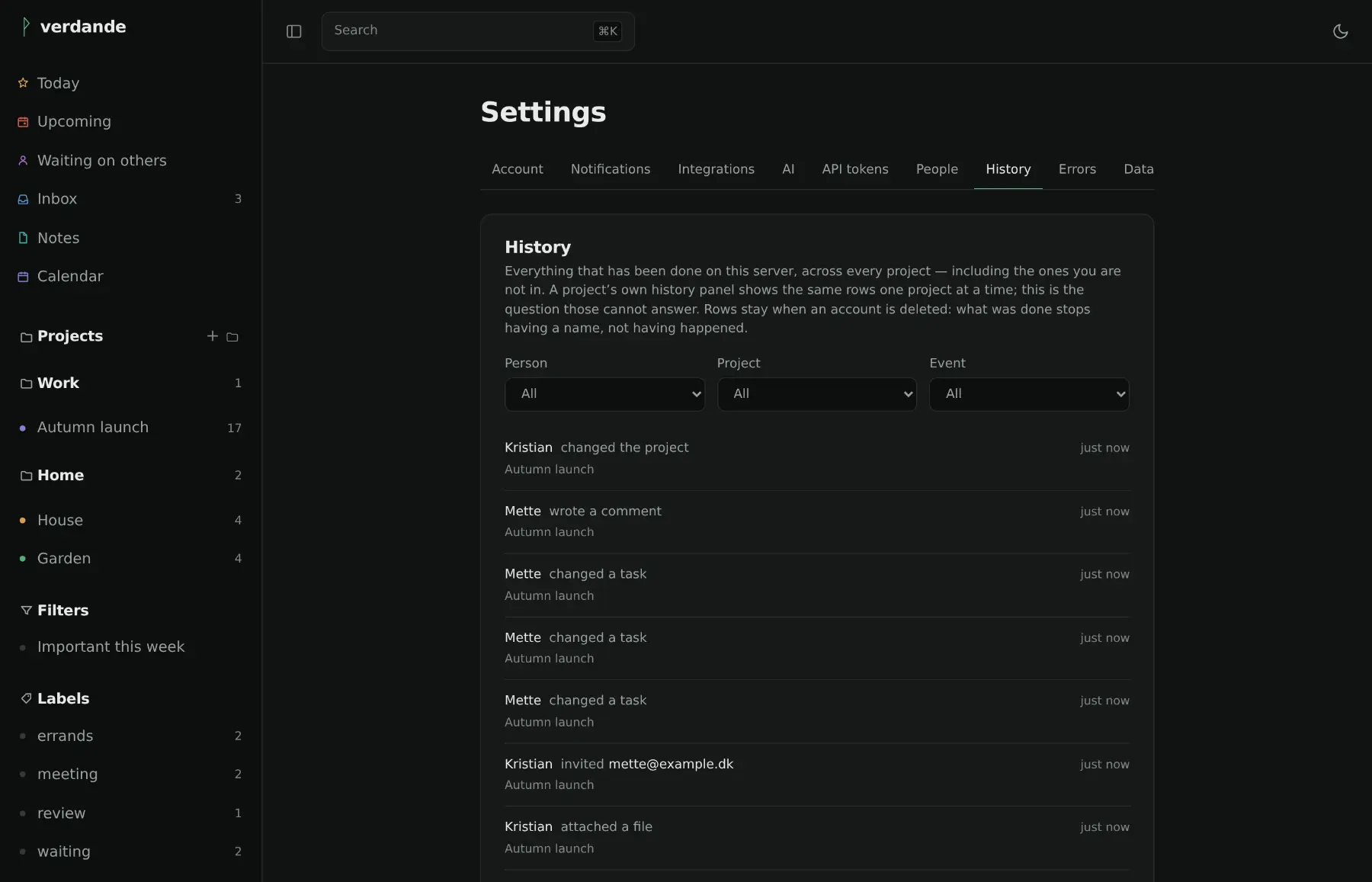 The instance-wide history page: who did what, in which project, filtered by person and event.