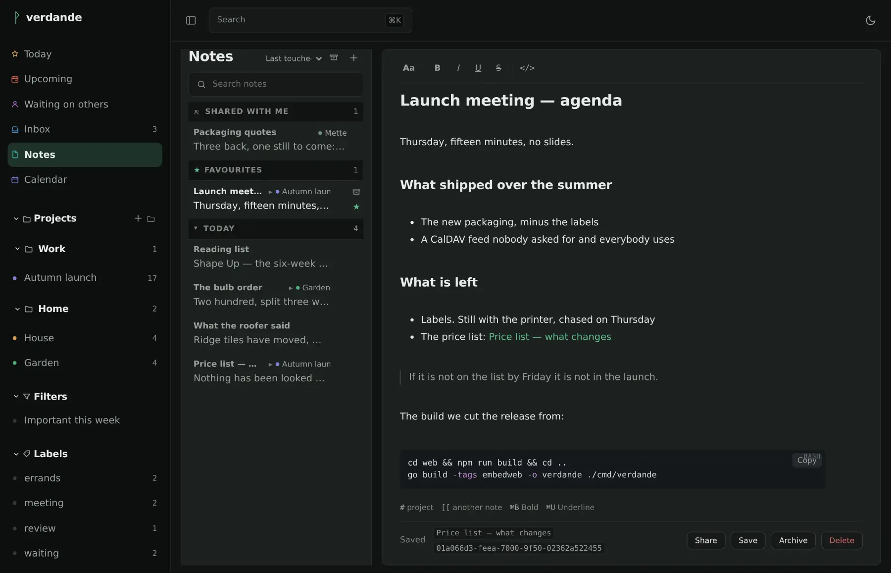 Notes: a list of notes on the left, one open on the right with headings, bullet lists, a quotation and a shell command in a code block.