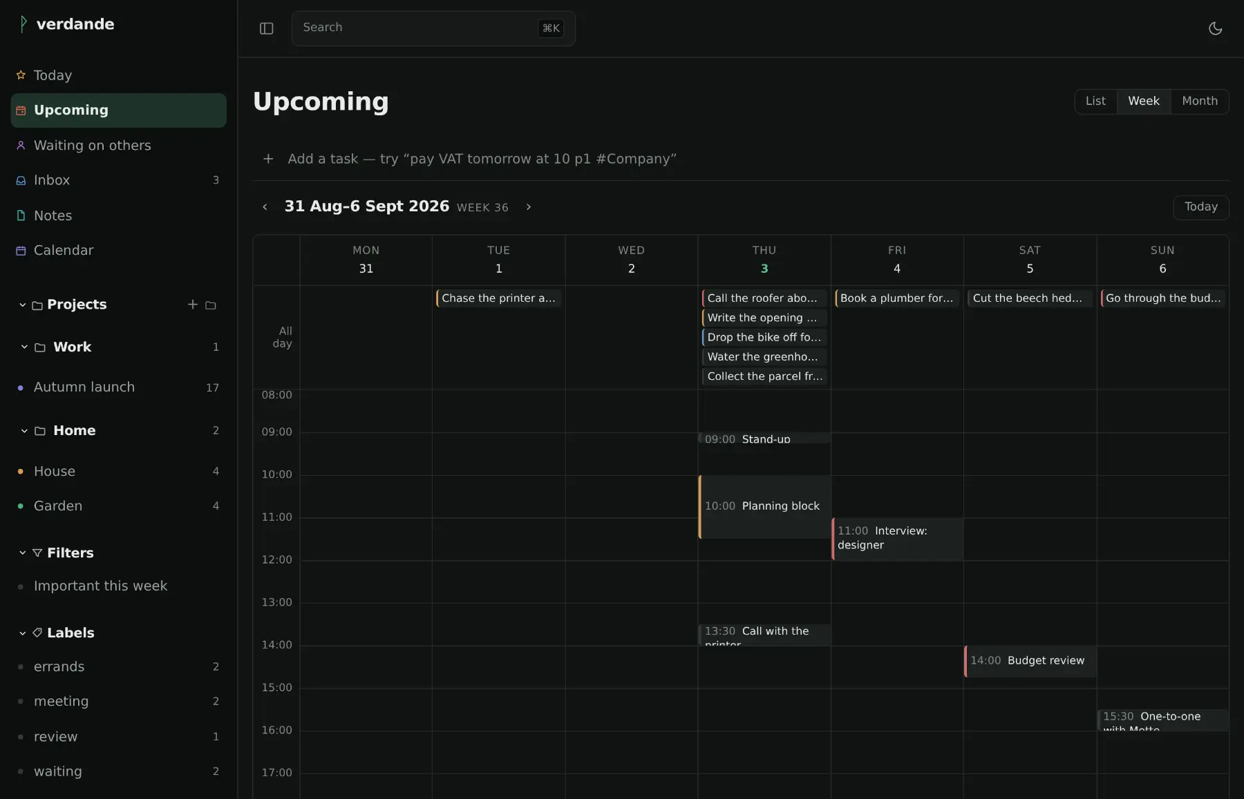 Upcoming as a single week: seven columns of days, each holding the tasks due that day.