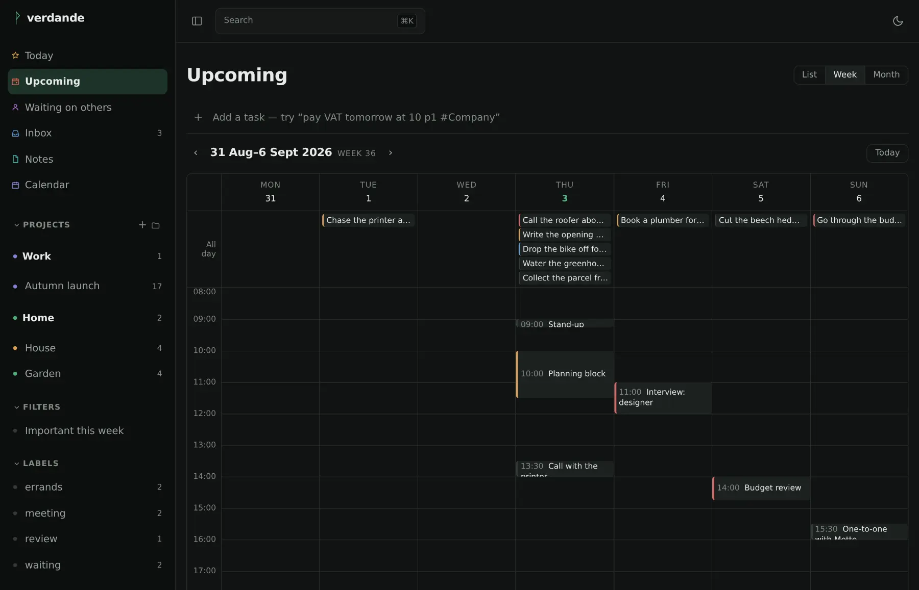 Upcoming as a single week: seven columns of days, each holding the tasks due that day.