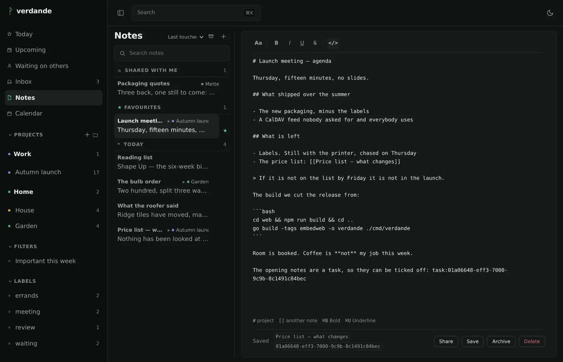 A note with the source view open: the same note as Markdown, with headings, a list, a quotation, a wiki link and a fenced code block.