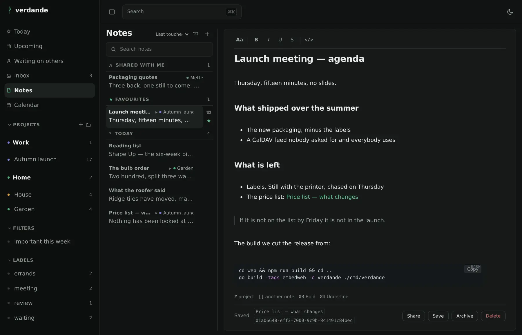 Notes: a list of notes on the left, one open on the right with headings, bullet lists, a quotation and a shell command in a code block.