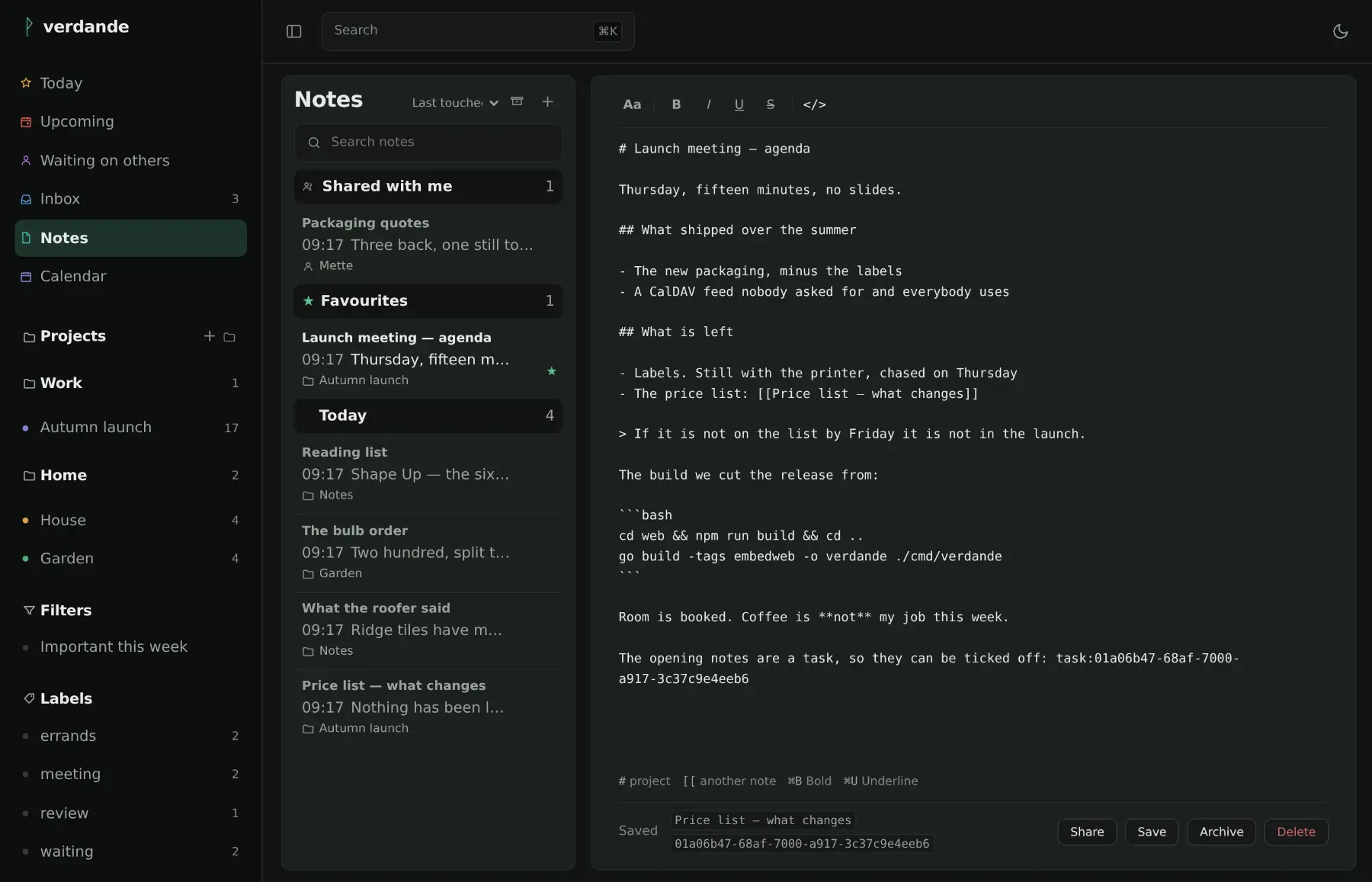 A note with the source view open: the same note as Markdown, with headings, a list, a quotation, a wiki link and a fenced code block.
