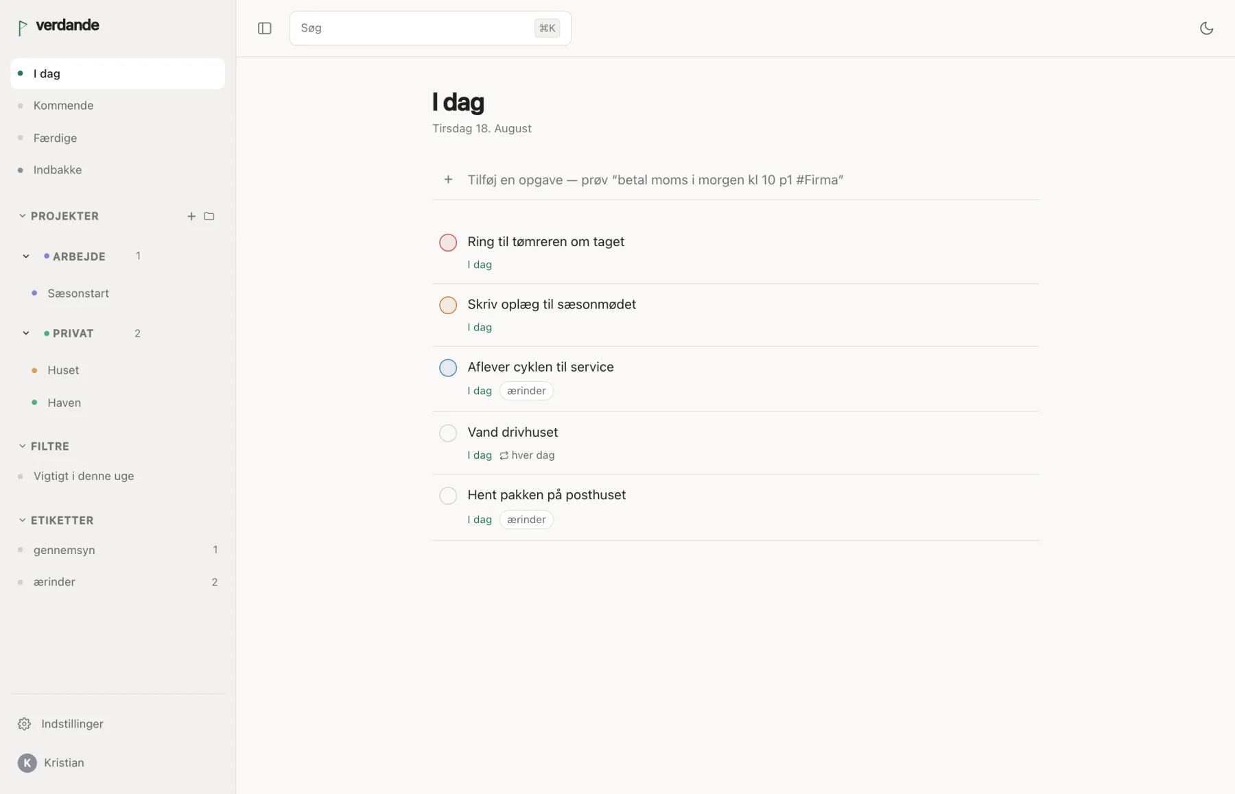 The Today view in the light theme: a sidebar of projects, filters and labels beside a list of tasks due today.