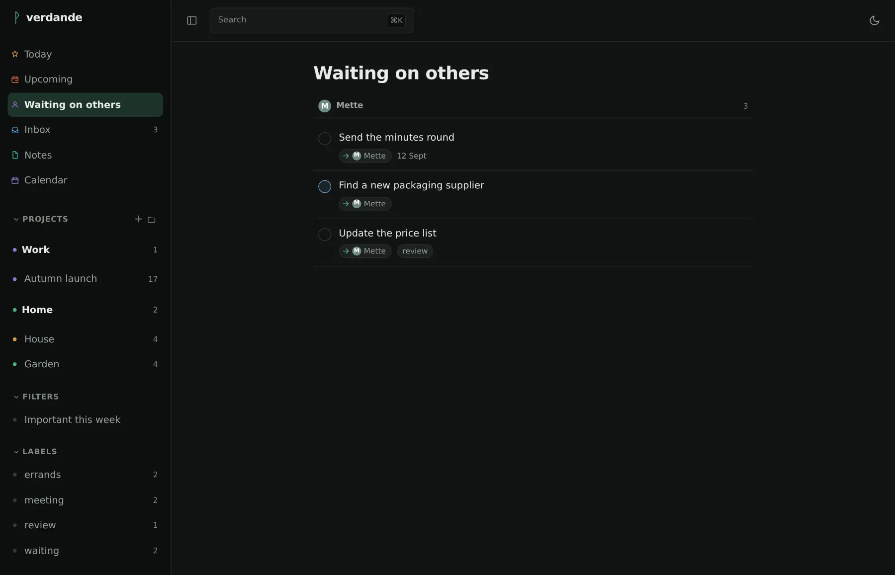 Waiting on others: tasks that have been handed to somebody else, grouped under the person who has them, each row carrying an arrow to that person.