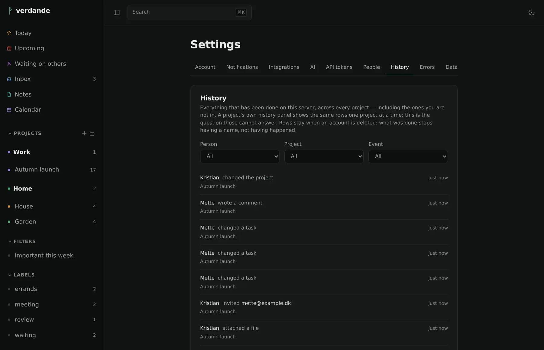 The instance-wide history page: who did what, in which project, filtered by person and event.