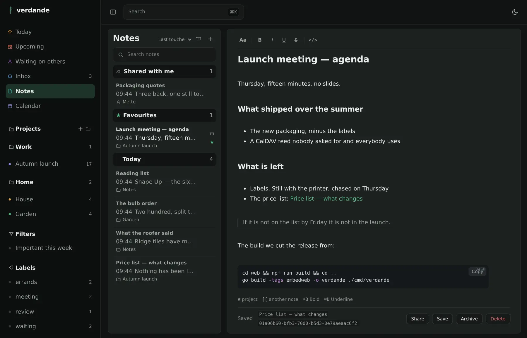 Notes: a list of notes on the left, one open on the right with headings, bullet lists, a quotation and a shell command in a code block.
