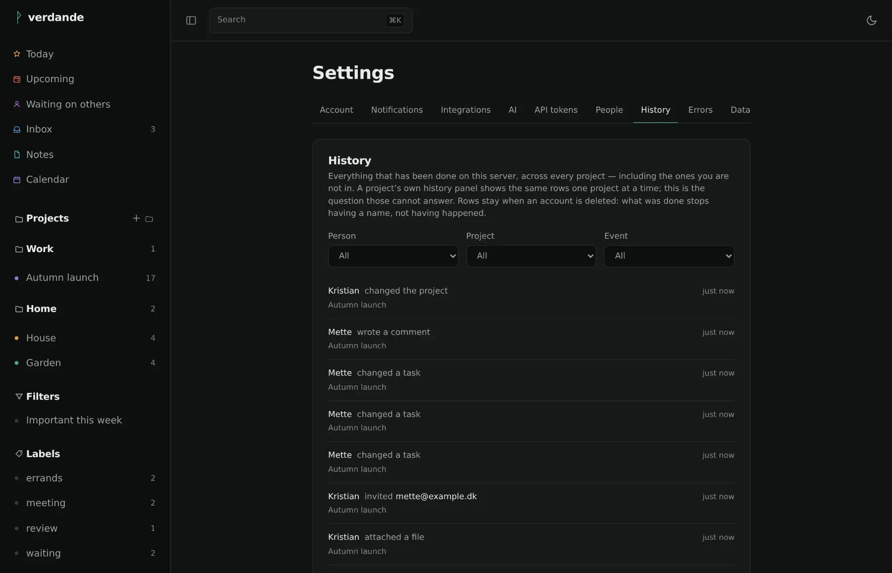 The instance-wide history page: who did what, in which project, filtered by person and event.