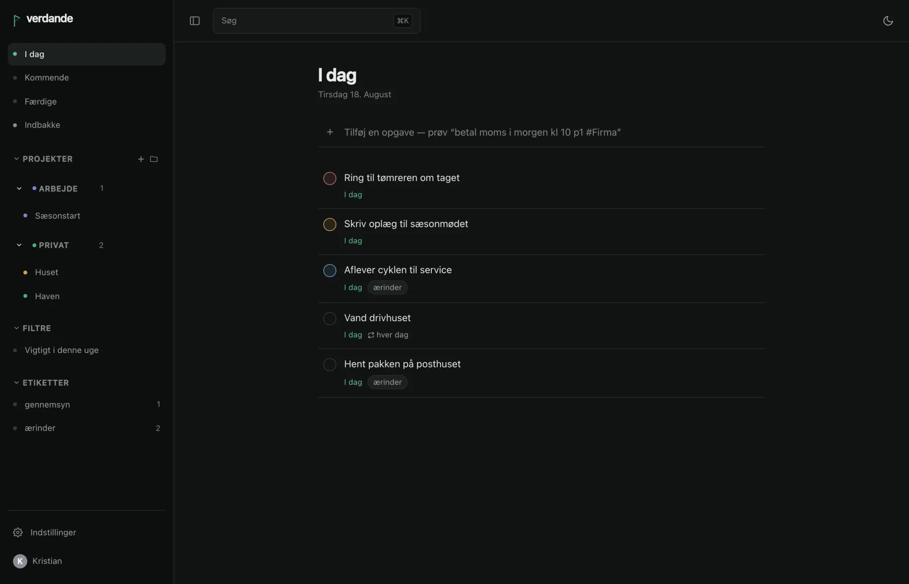 The Today view: a sidebar of projects, filters and labels beside a list of tasks due today, each with its priority ring, time and labels.