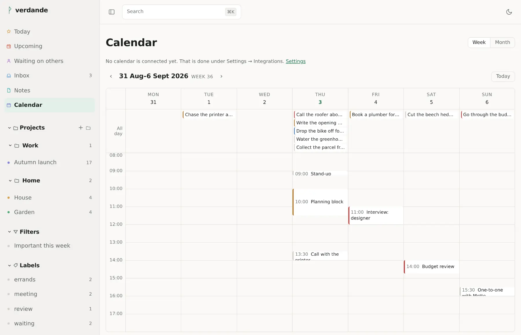 A week in the calendar: timed tasks drawn to their length, a fifteen-minute stand-up short and a ninety-minute planning block tall, each on the day and at the time it is due.