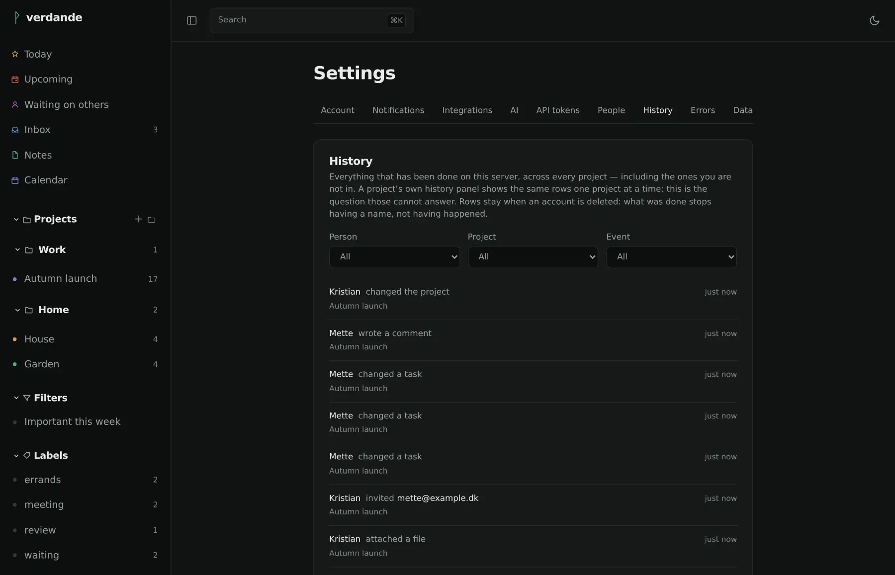 The instance-wide history page: who did what, in which project, filtered by person and event.