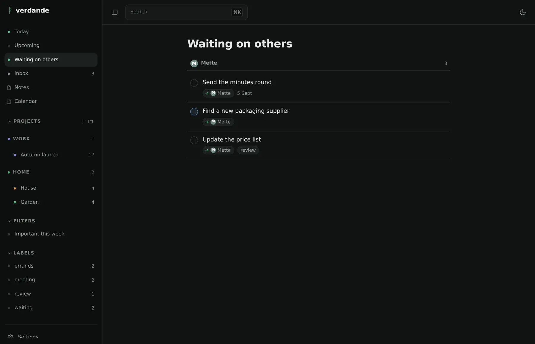Waiting on others: tasks that have been handed to somebody else, grouped under the person who has them, each row carrying an arrow to that person.