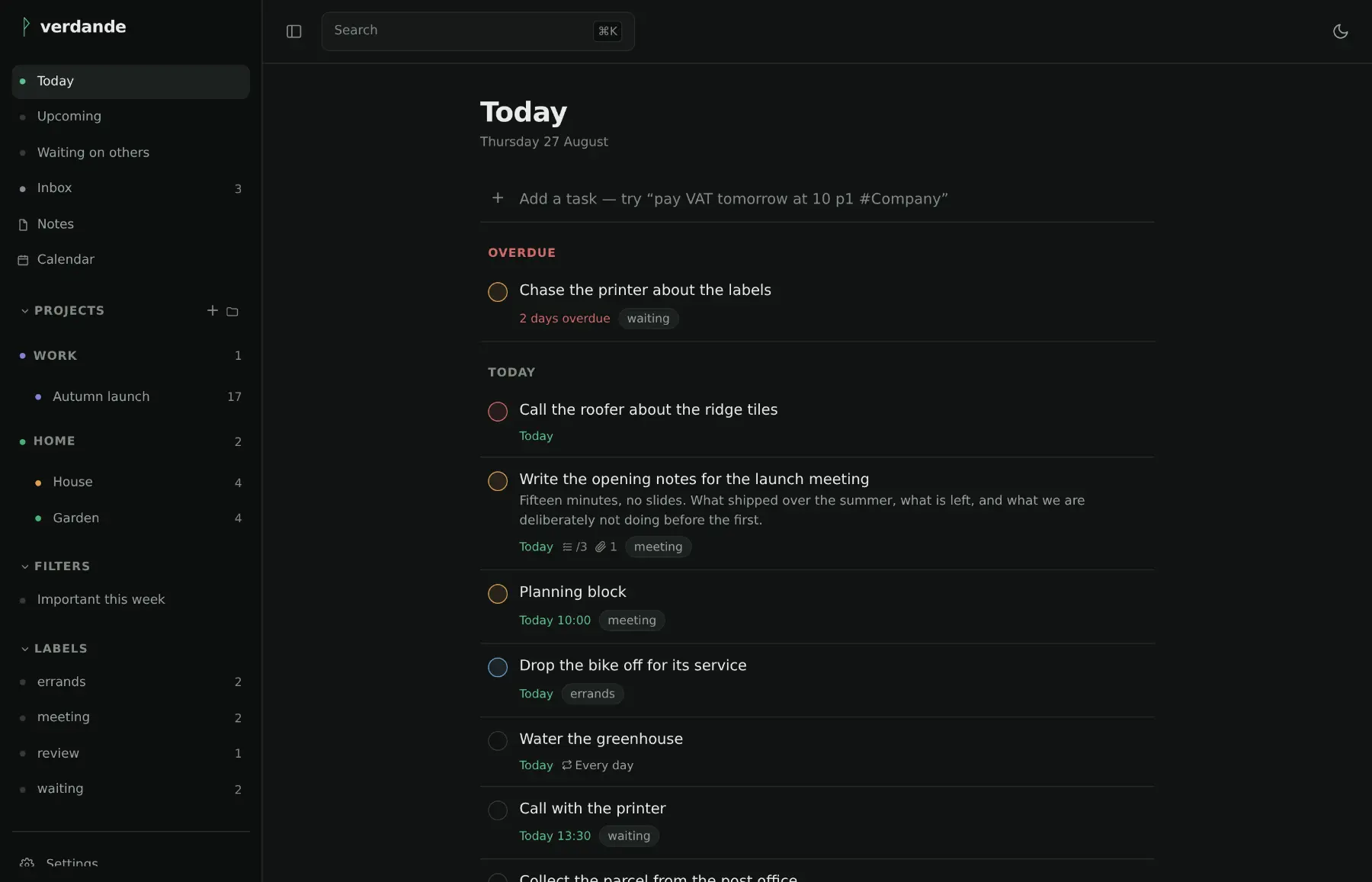 The Today view: a sidebar of projects, filters and labels beside a list of tasks due today, each with its priority ring, time and labels.