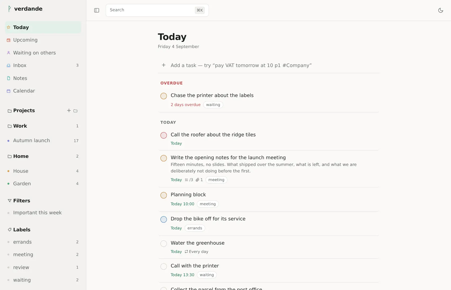 The Today view in the light theme: a sidebar of projects, filters and labels beside a list of tasks due today.