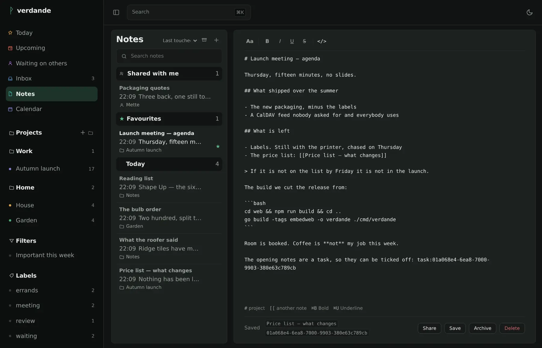 A note with the source view open: the same note as Markdown, with headings, a list, a quotation, a wiki link and a fenced code block.