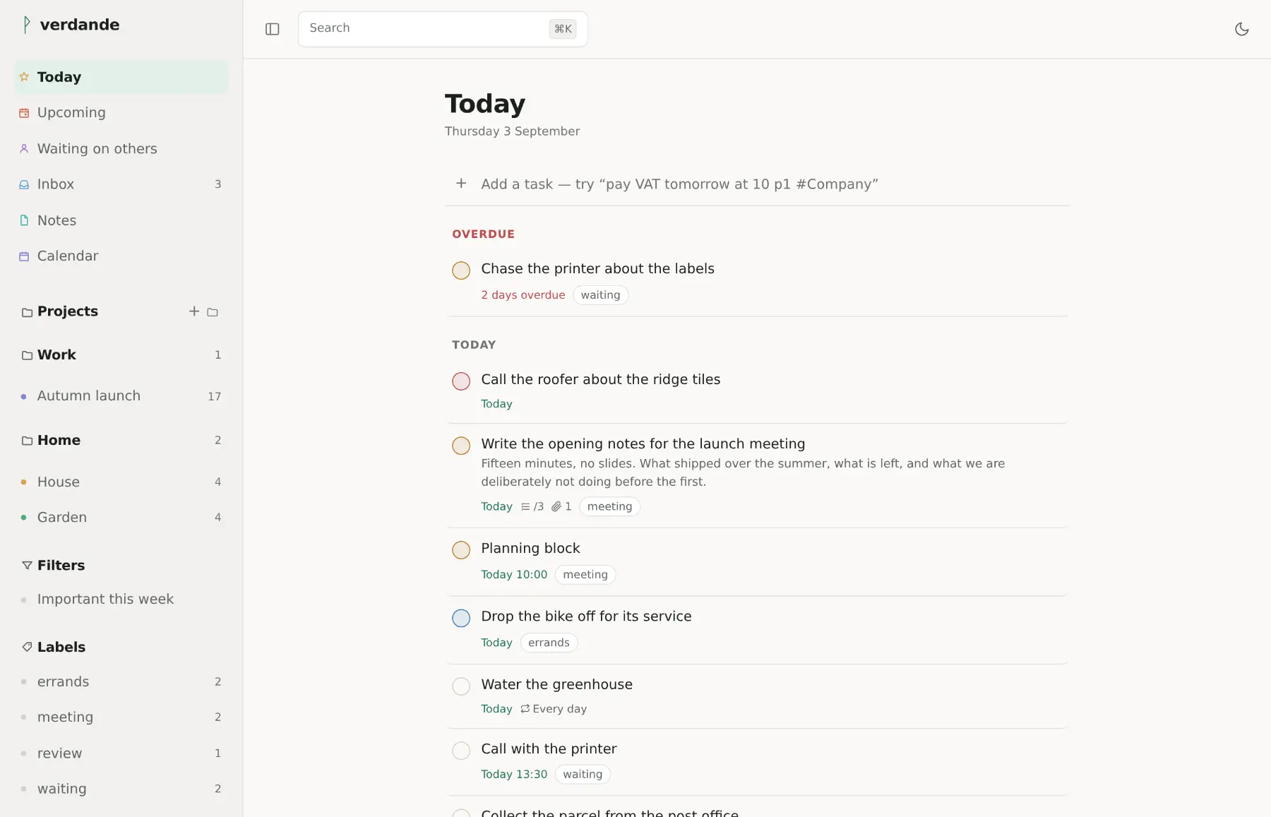 The Today view in the light theme: a sidebar of projects, filters and labels beside a list of tasks due today.