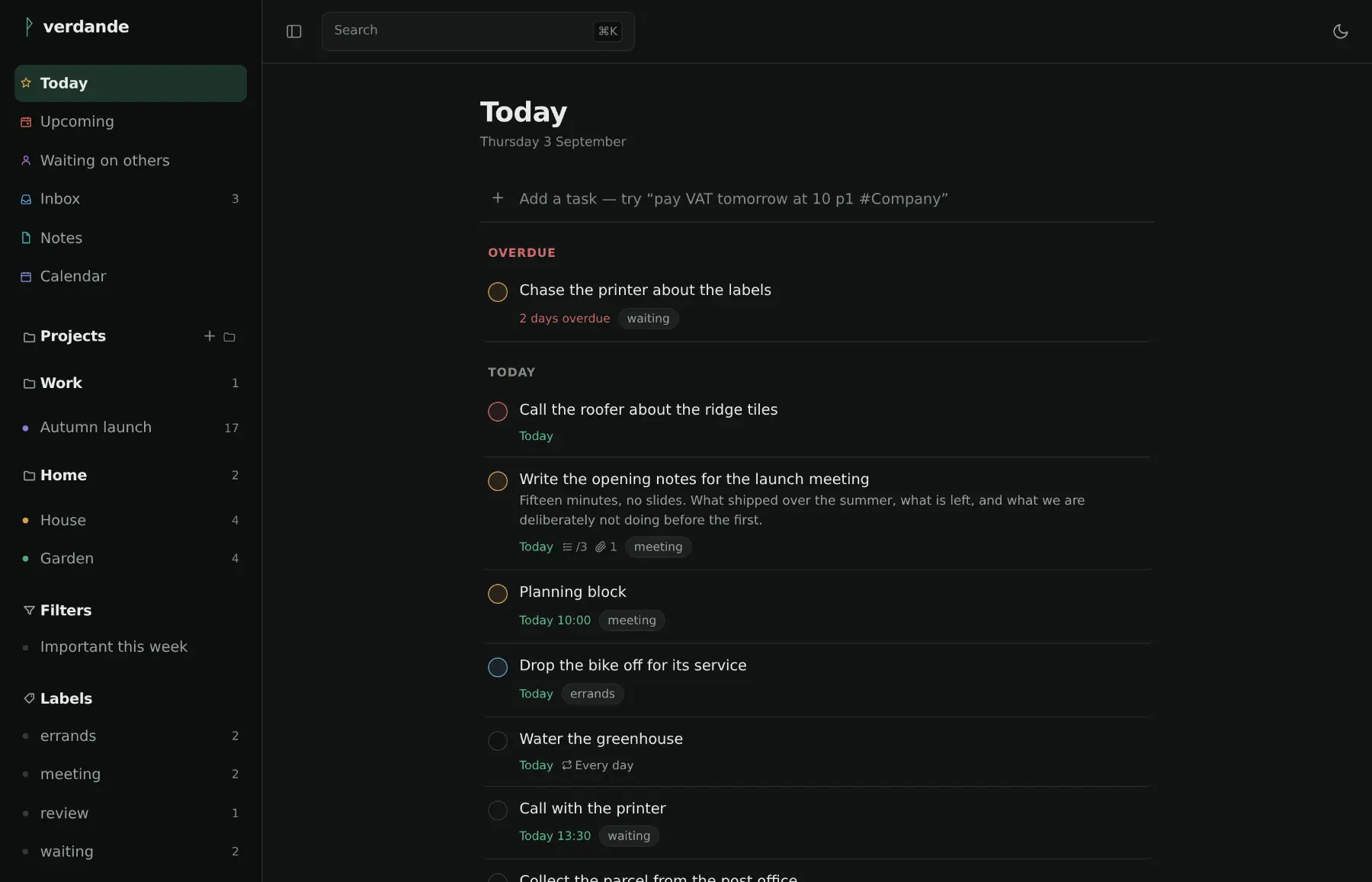 The Today view: a sidebar of projects, filters and labels beside a list of tasks due today, each with its priority ring, time and labels.