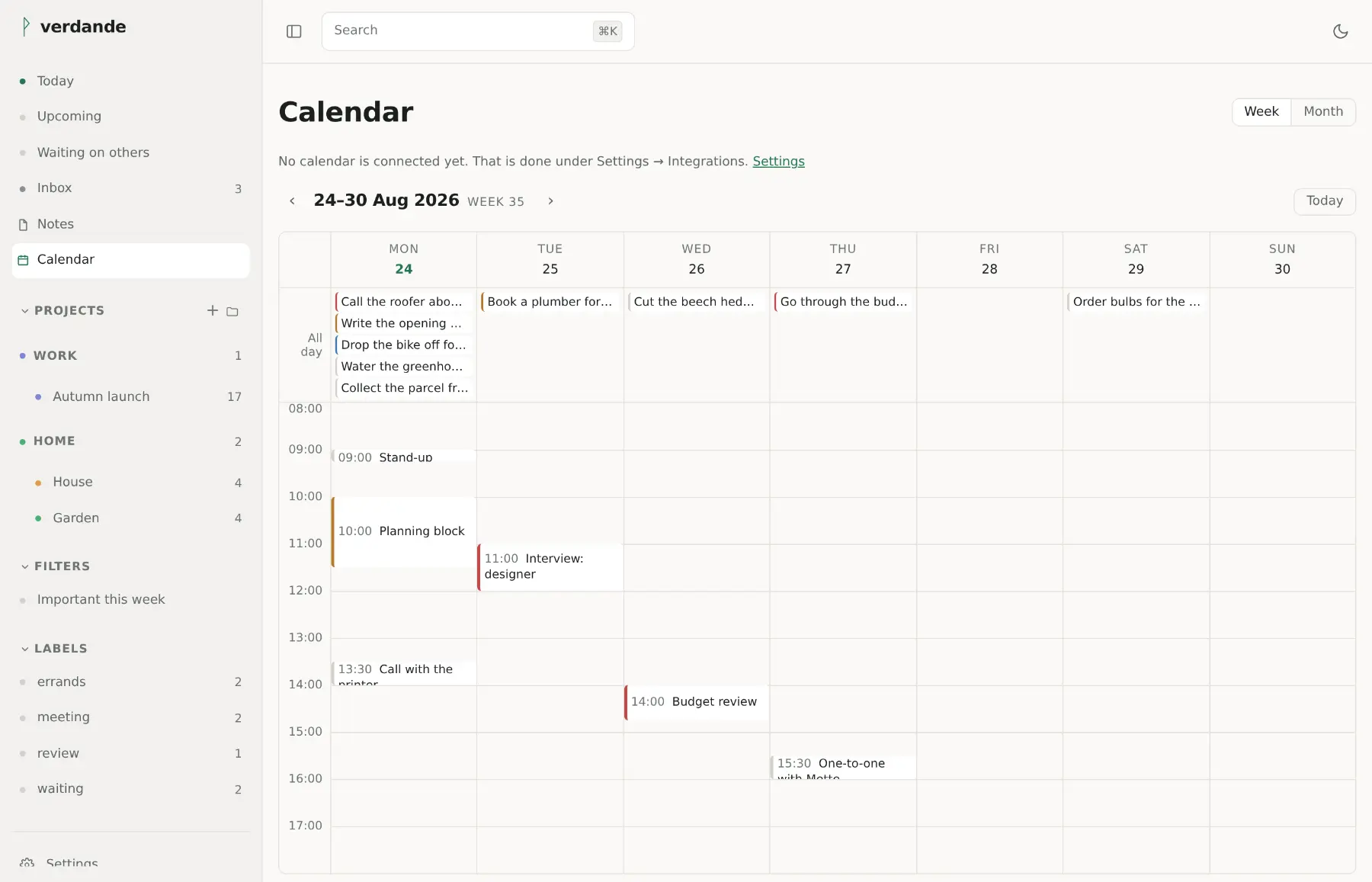 A week in the calendar: timed tasks drawn to their length, a fifteen-minute stand-up short and a ninety-minute planning block tall, each on the day and at the time it is due.