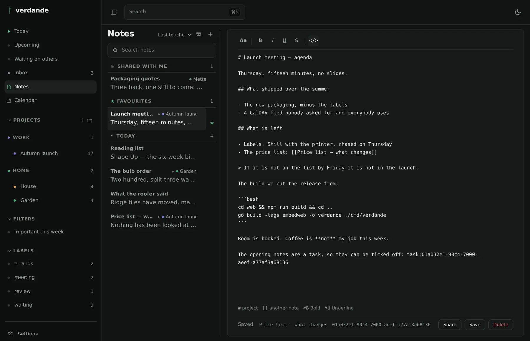 A note with the source view open: the same note as Markdown, with headings, a list, a quotation, a wiki link and a fenced code block.