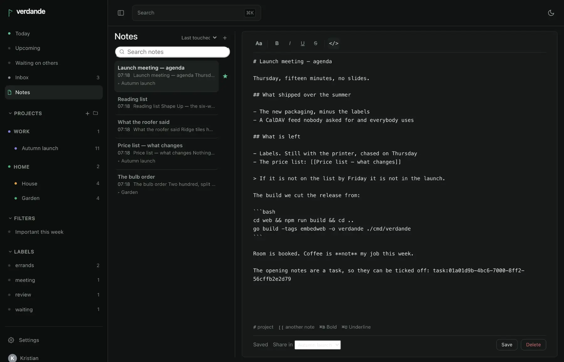 A note with the source view open: the same note as Markdown, with headings, a list, a quotation, a wiki link and a fenced code block.