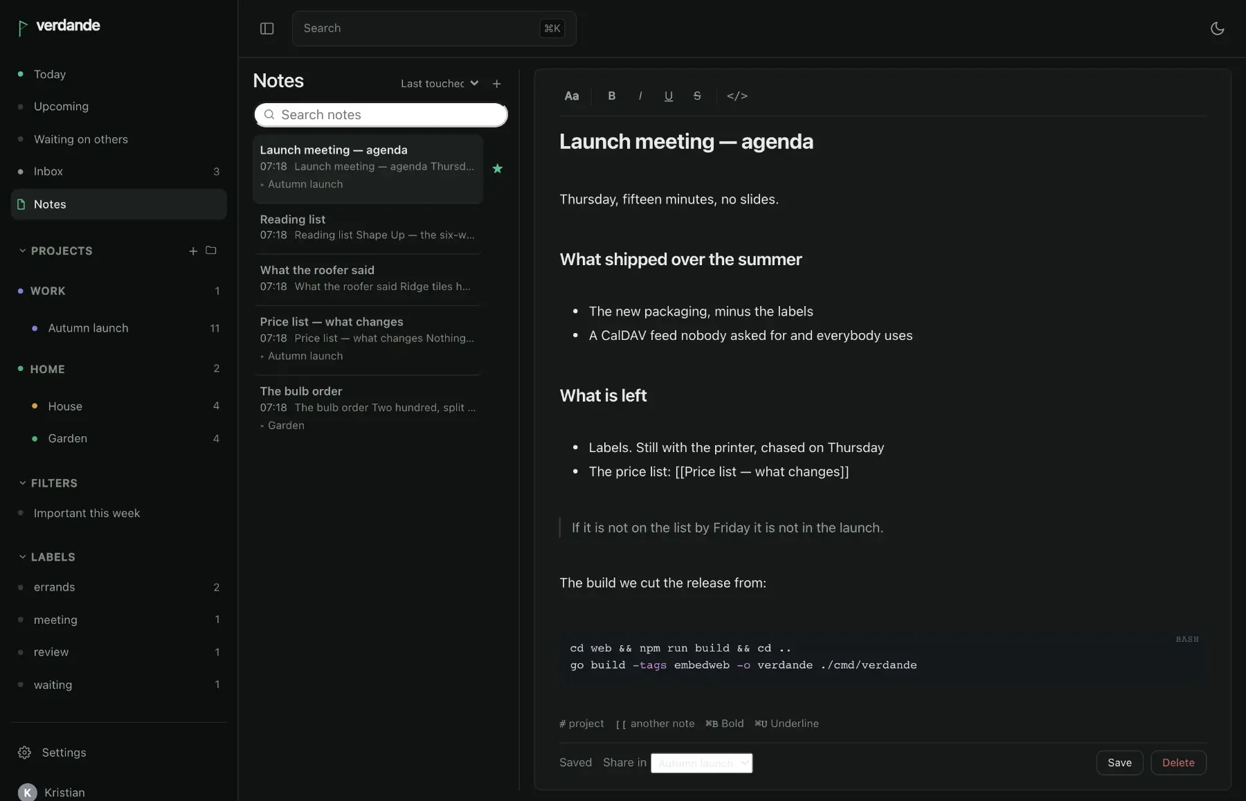 Notes: a list of notes on the left, one open on the right with headings, bullet lists, a quotation and a shell command in a code block.