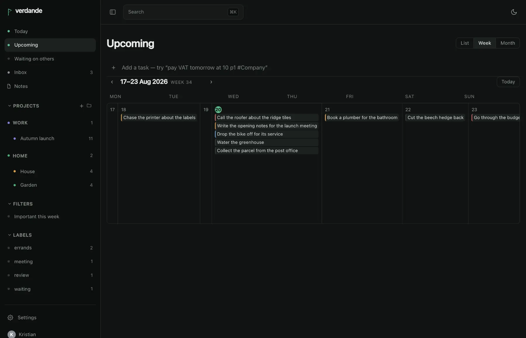 Upcoming as a single week: seven columns of days, each holding the tasks due that day.