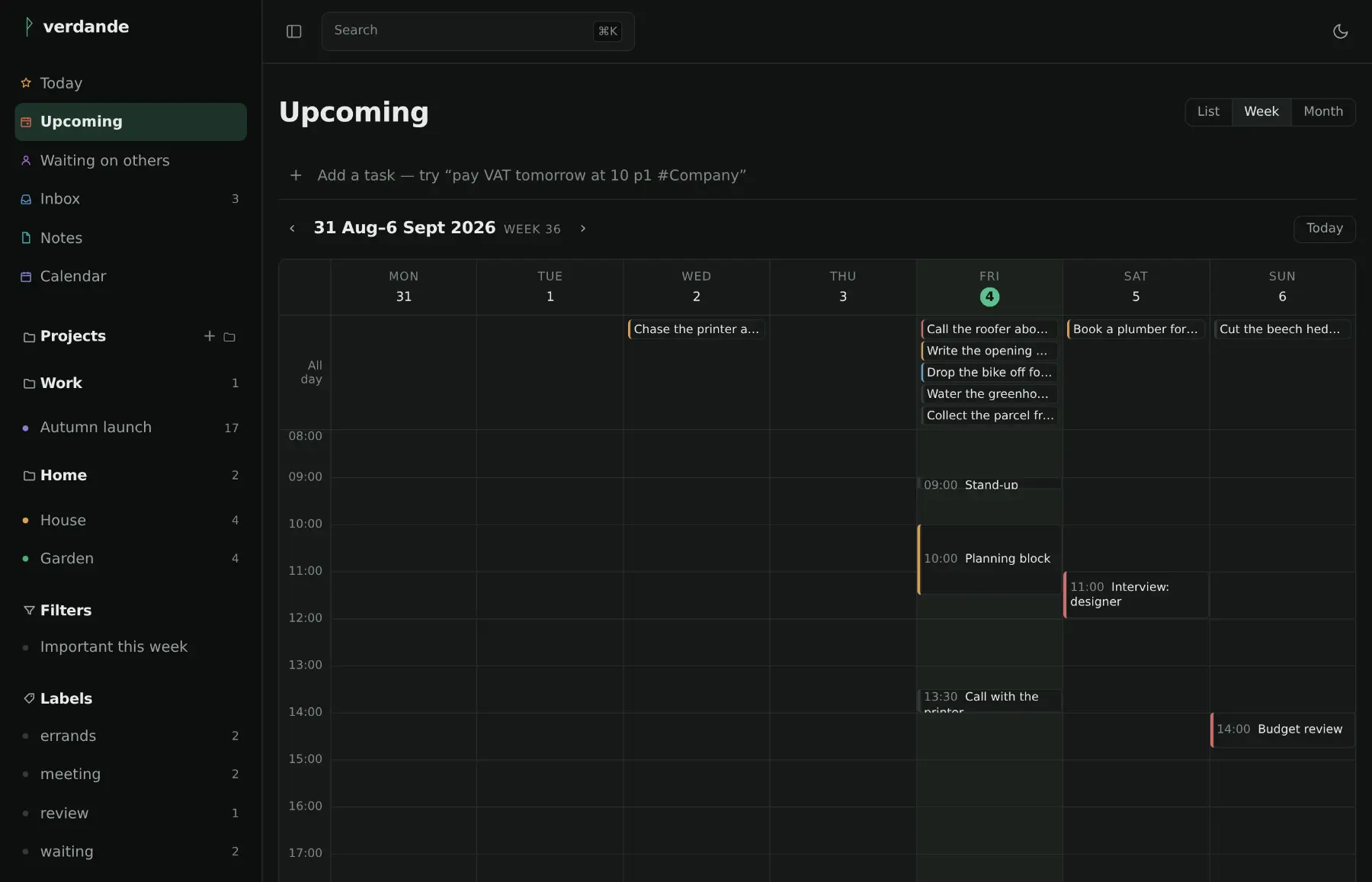 Upcoming as a single week: seven columns of days, each holding the tasks due that day.
