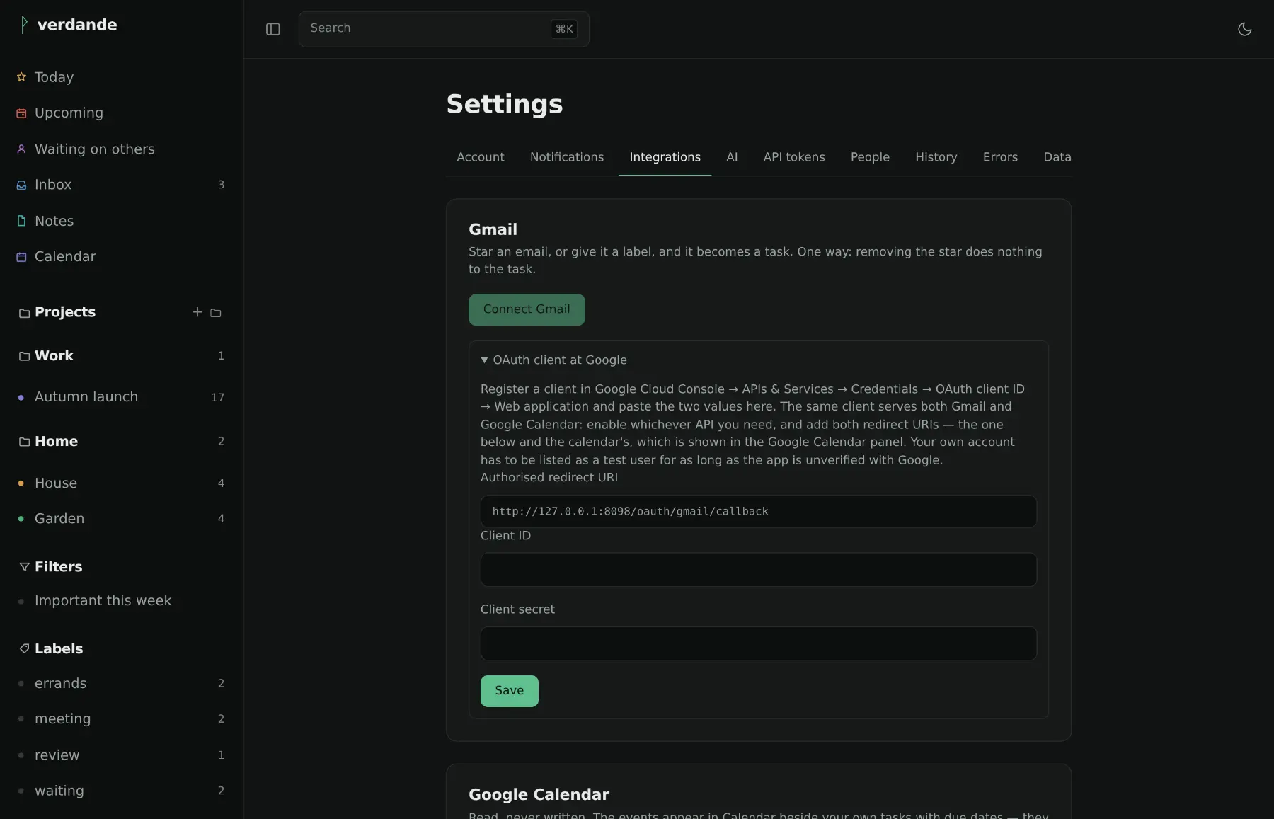 The integrations settings page: connecting Gmail with an OAuth client, and below it the calendar feed address.