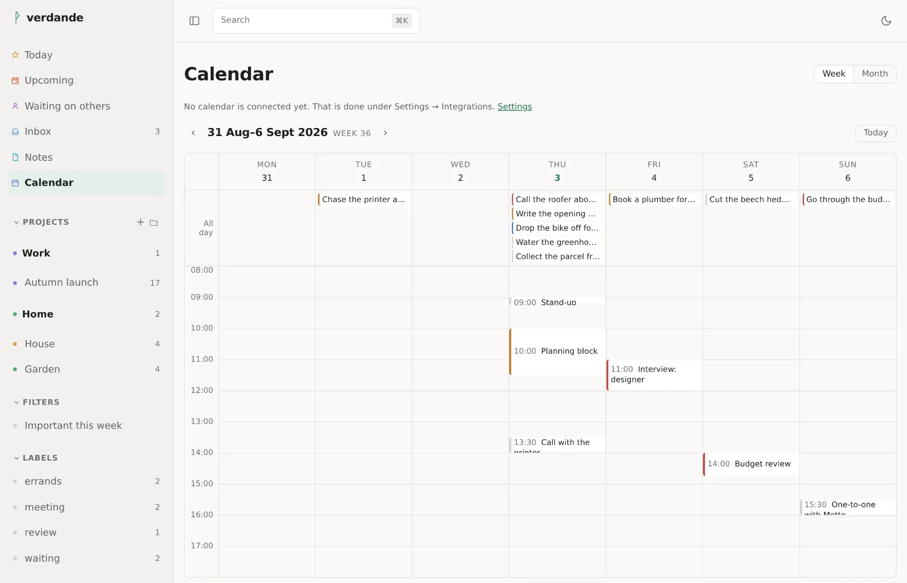 A week in the calendar: timed tasks drawn to their length, a fifteen-minute stand-up short and a ninety-minute planning block tall, each on the day and at the time it is due.