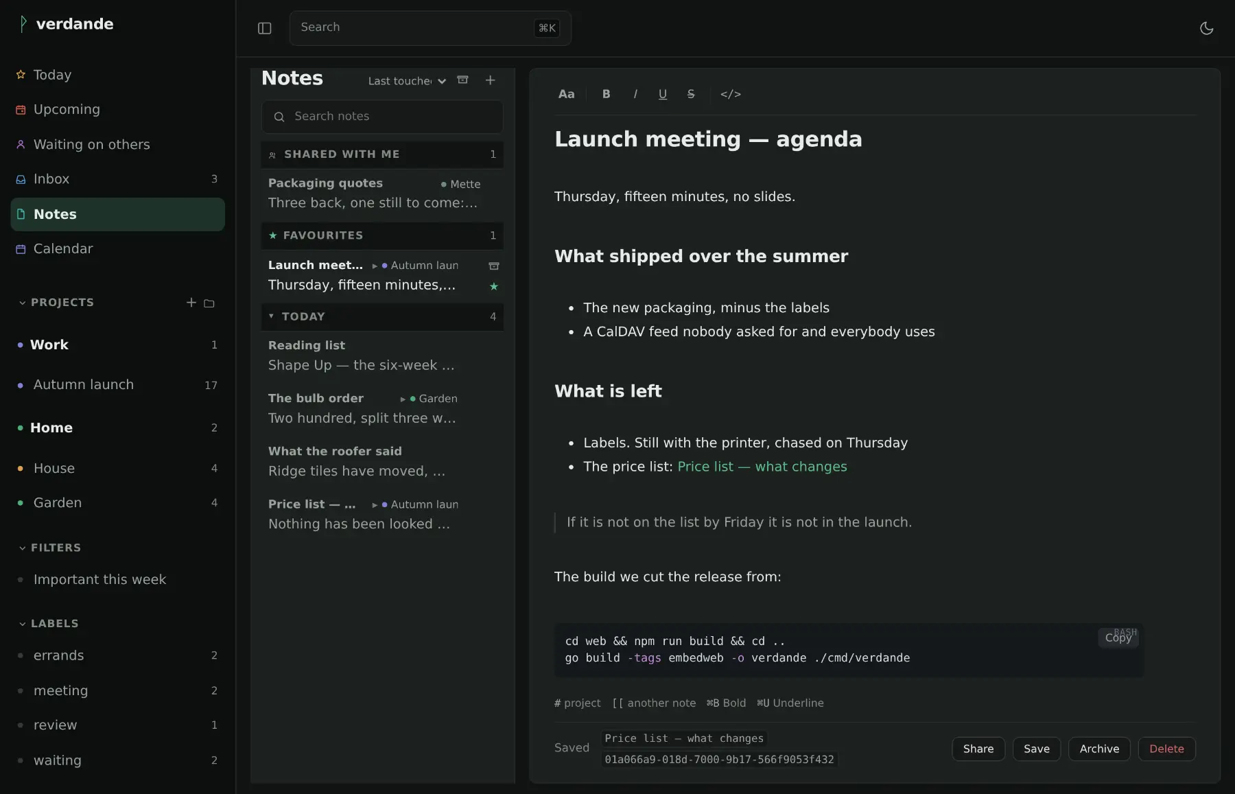 Notes: a list of notes on the left, one open on the right with headings, bullet lists, a quotation and a shell command in a code block.