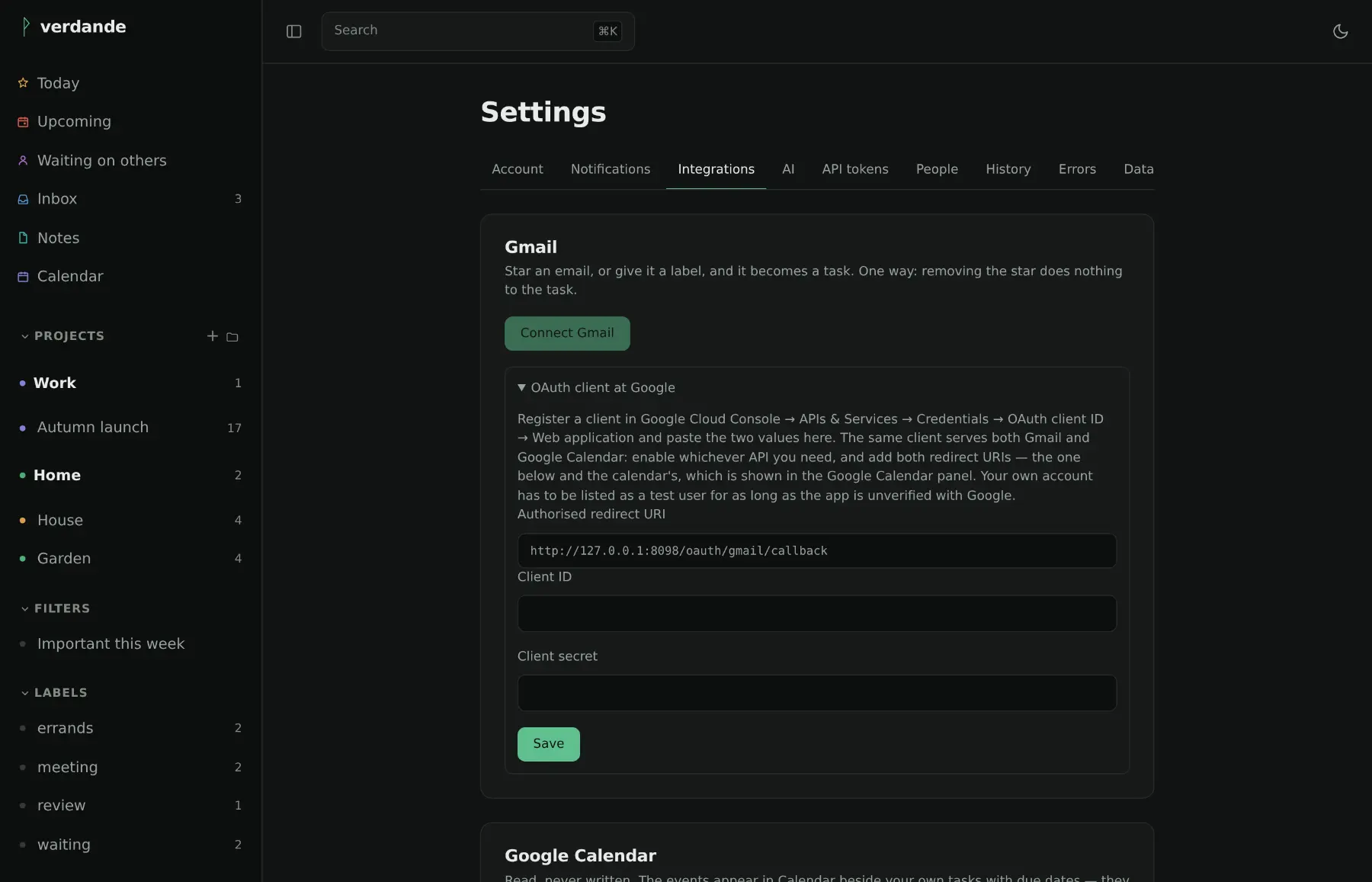 The integrations settings page: connecting Gmail with an OAuth client, and below it the calendar feed address.