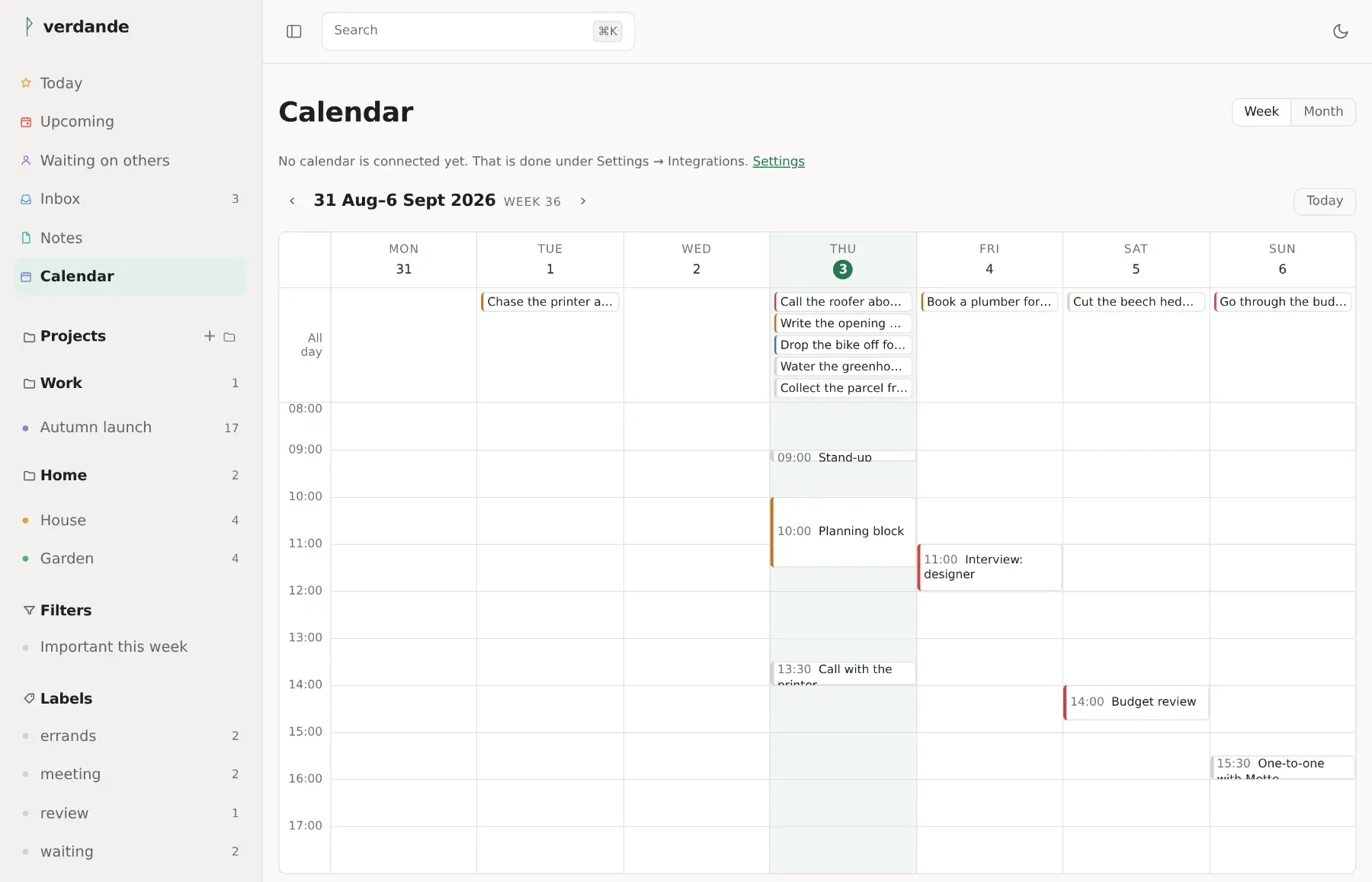 A week in the calendar: timed tasks drawn to their length, a fifteen-minute stand-up short and a ninety-minute planning block tall, each on the day and at the time it is due.