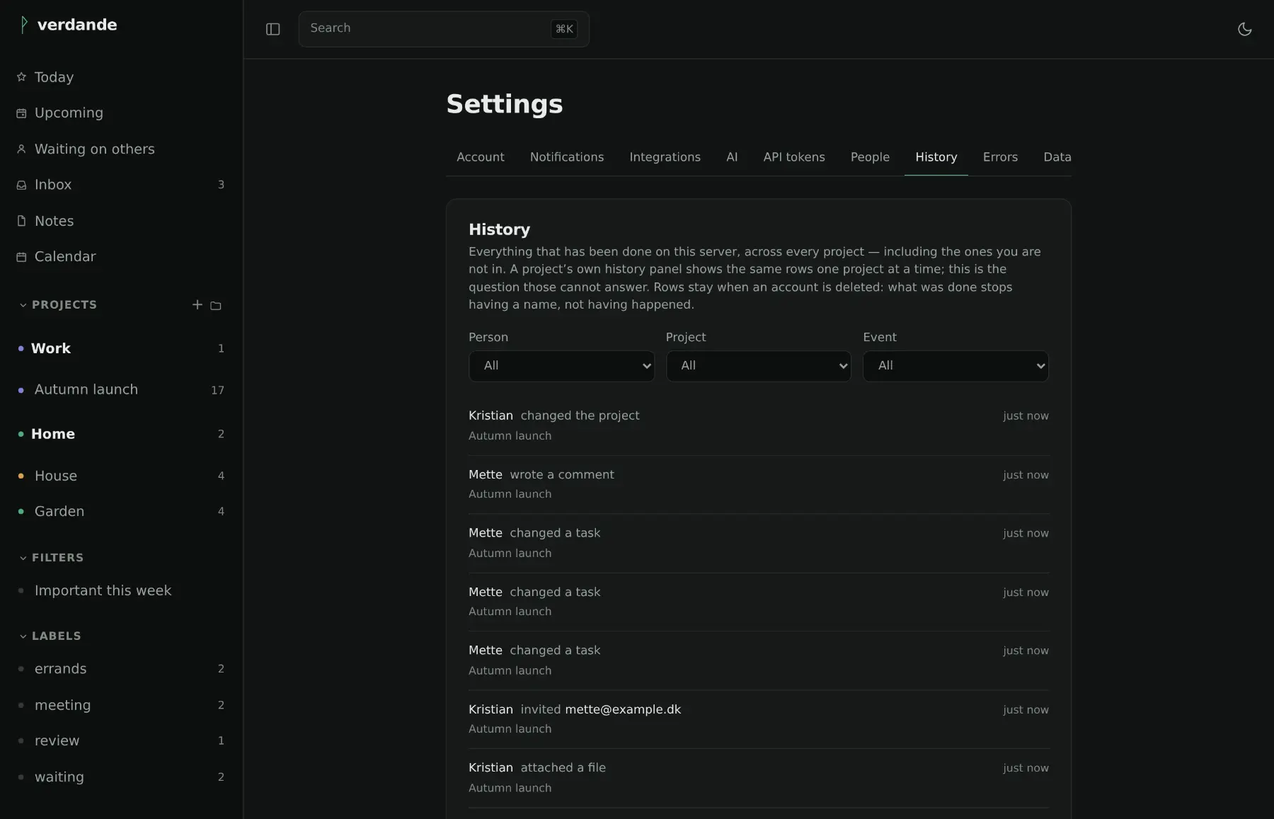 The instance-wide history page: who did what, in which project, filtered by person and event.