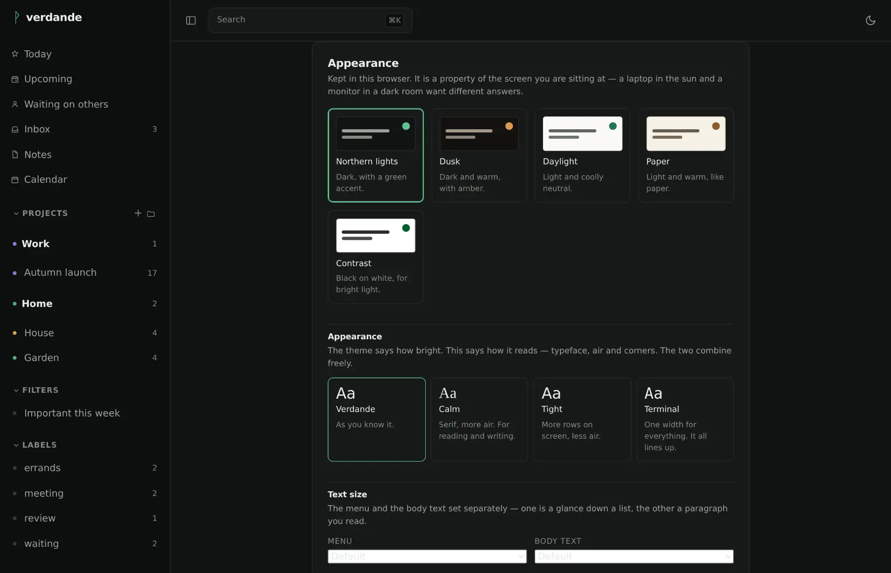 The settings page showing five themes as swatches and, below them, four looks written in the typeface each one selects.