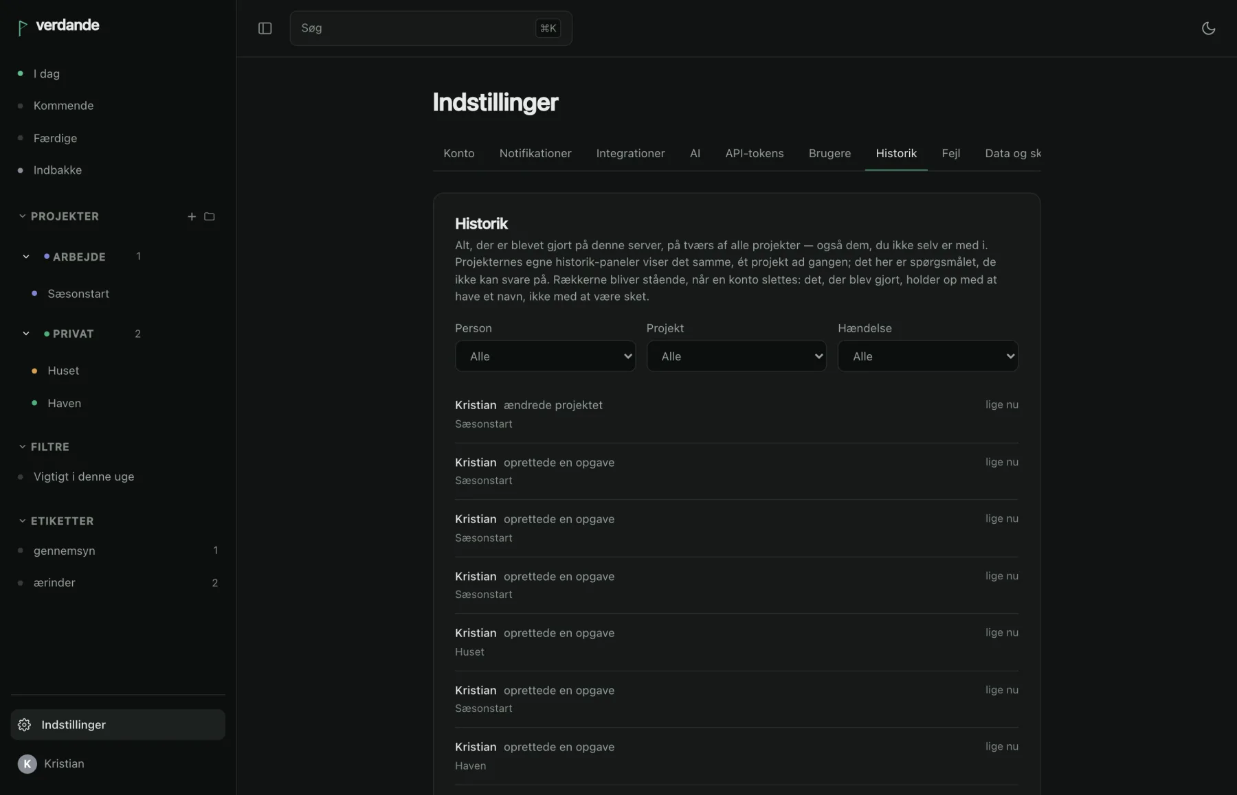 The instance-wide history page: who did what, in which project, filtered by person and event.