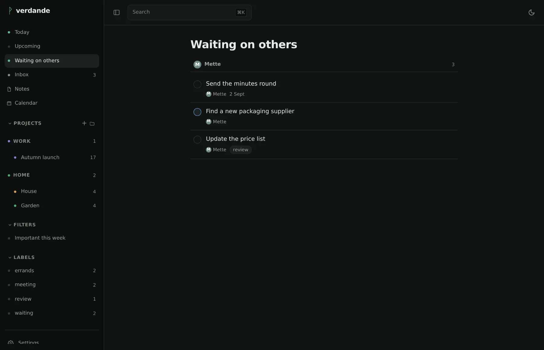 Waiting on others: tasks that have been handed to somebody else, grouped under the person who has them.
