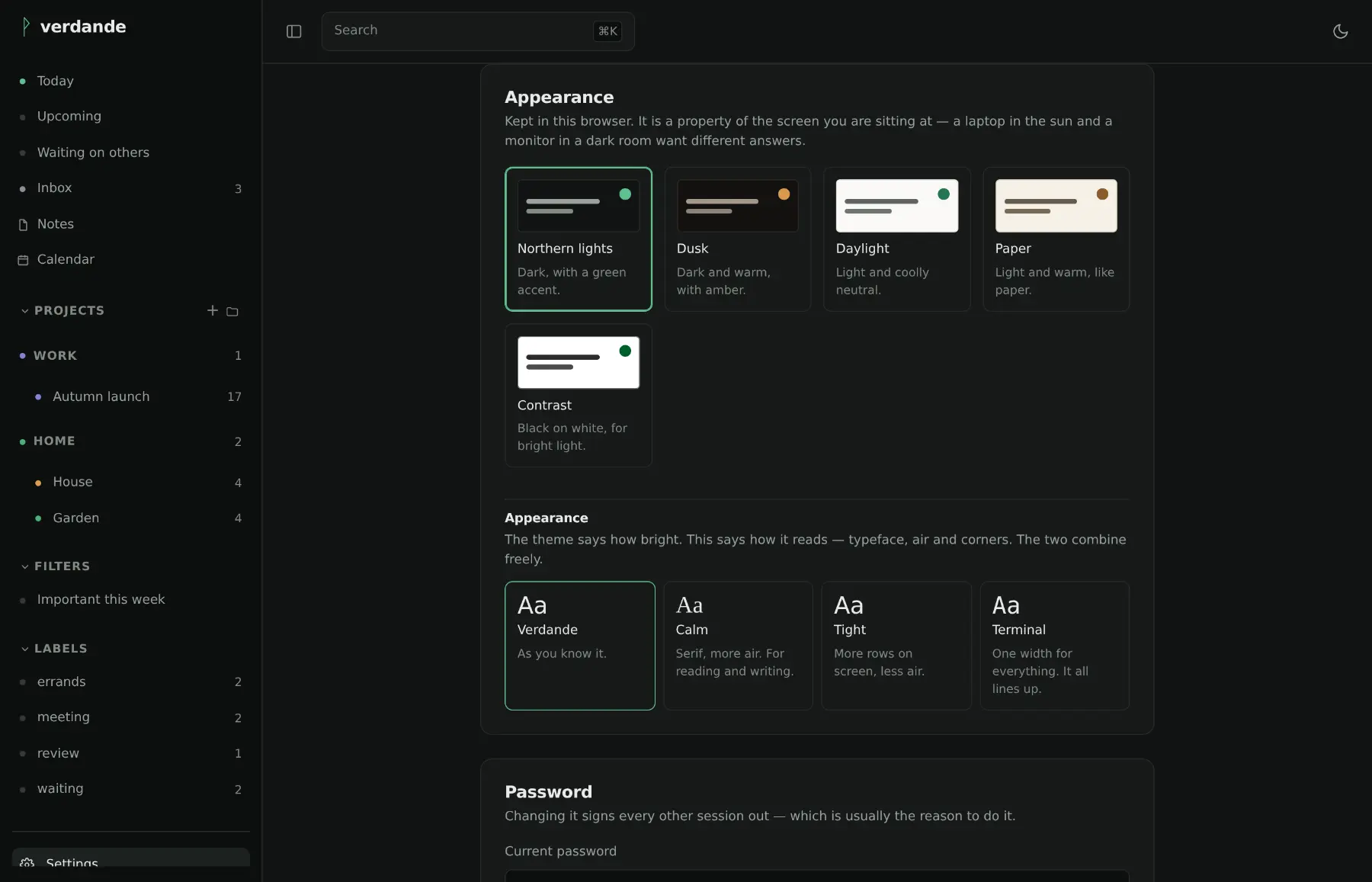 The settings page showing five themes as swatches and, below them, four looks written in the typeface each one selects.