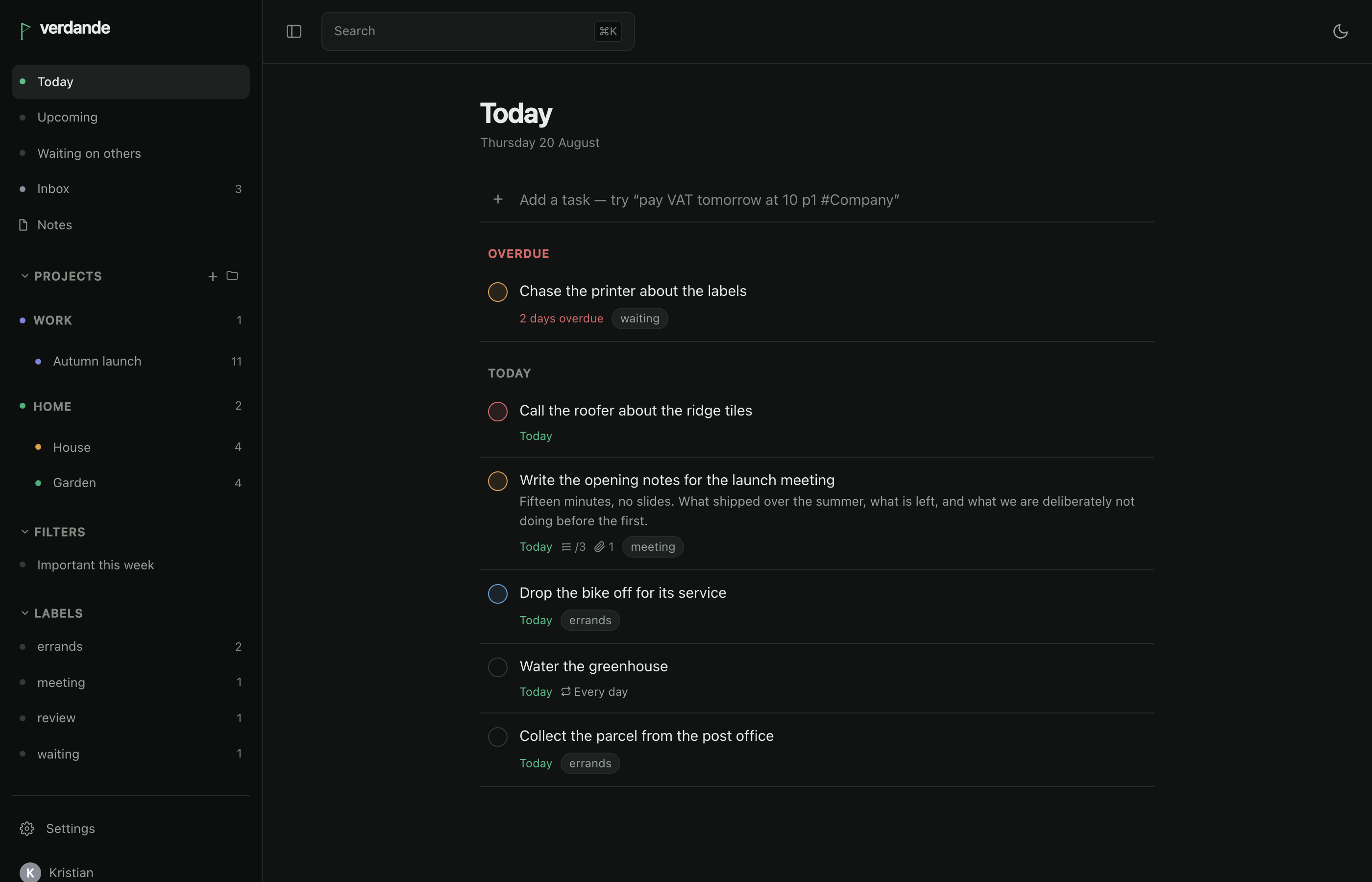 The Today view: projects, filters and labels in the sidebar, beside the tasks due today.