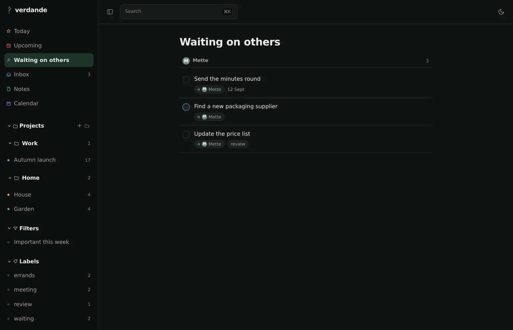 Waiting on others: tasks that have been handed to somebody else, grouped under the person who has them, each row carrying an arrow to that person.