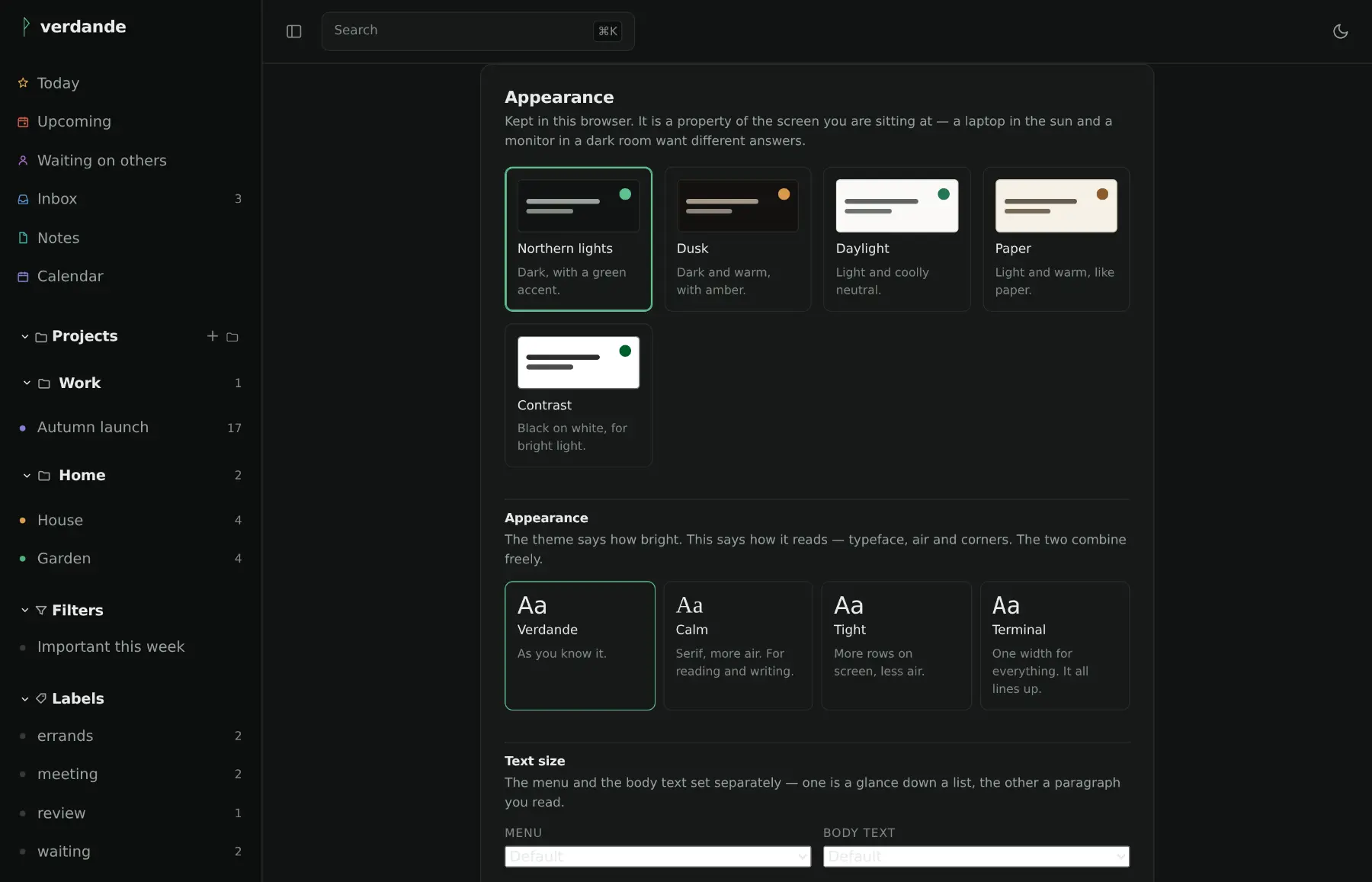 The settings page showing five themes as swatches and, below them, four looks written in the typeface each one selects.